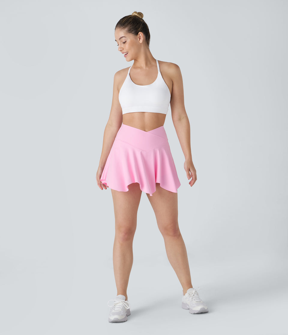 High Waisted Crossover 2-in-1 Side Pocket Asymmetric Flare Mini Yoga Skirt