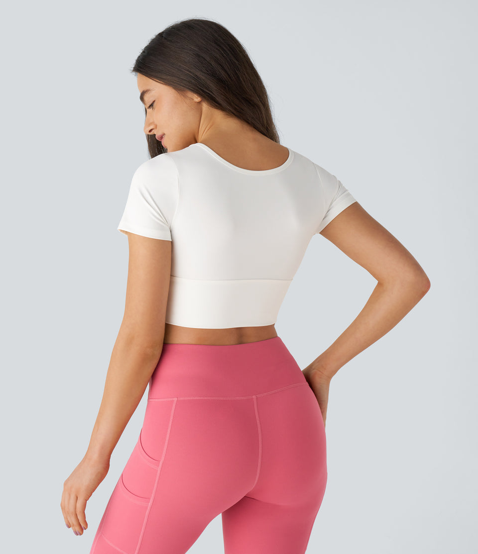Short Sleeve Contrast Mesh Cropped Yoga Sports Top