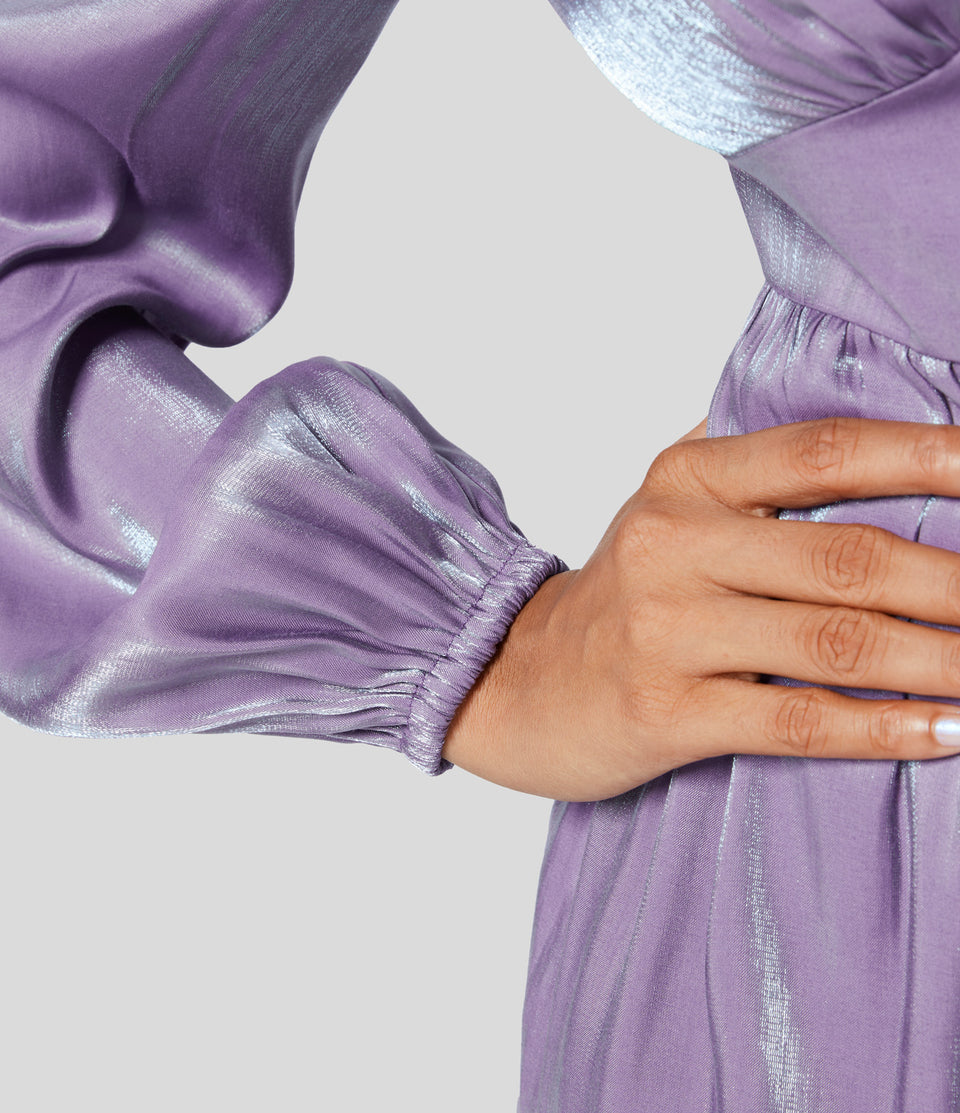 V Neck Bishop Sleeve Invisible Zipper Plicated Shine Flare Mini Casual Dress