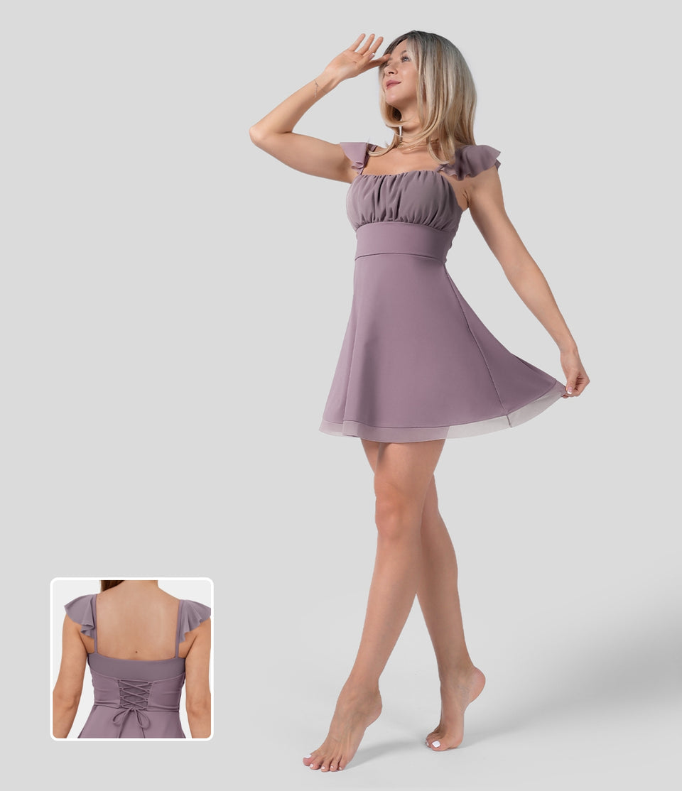 Softlyzero™ Airy Ruffle Backless Lace Up Contrast Mesh Cool Touch Mini Flare Casual Dress-UPF50+