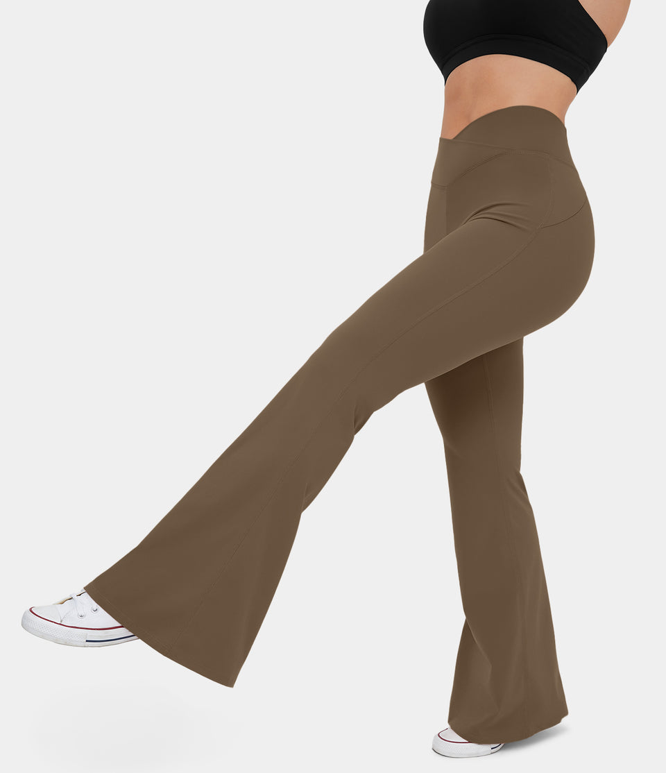 Softlyzero™ Plush High Waisted Crossover Back Pocket Ruched Butt Lifting Super Flare Yoga Leggings