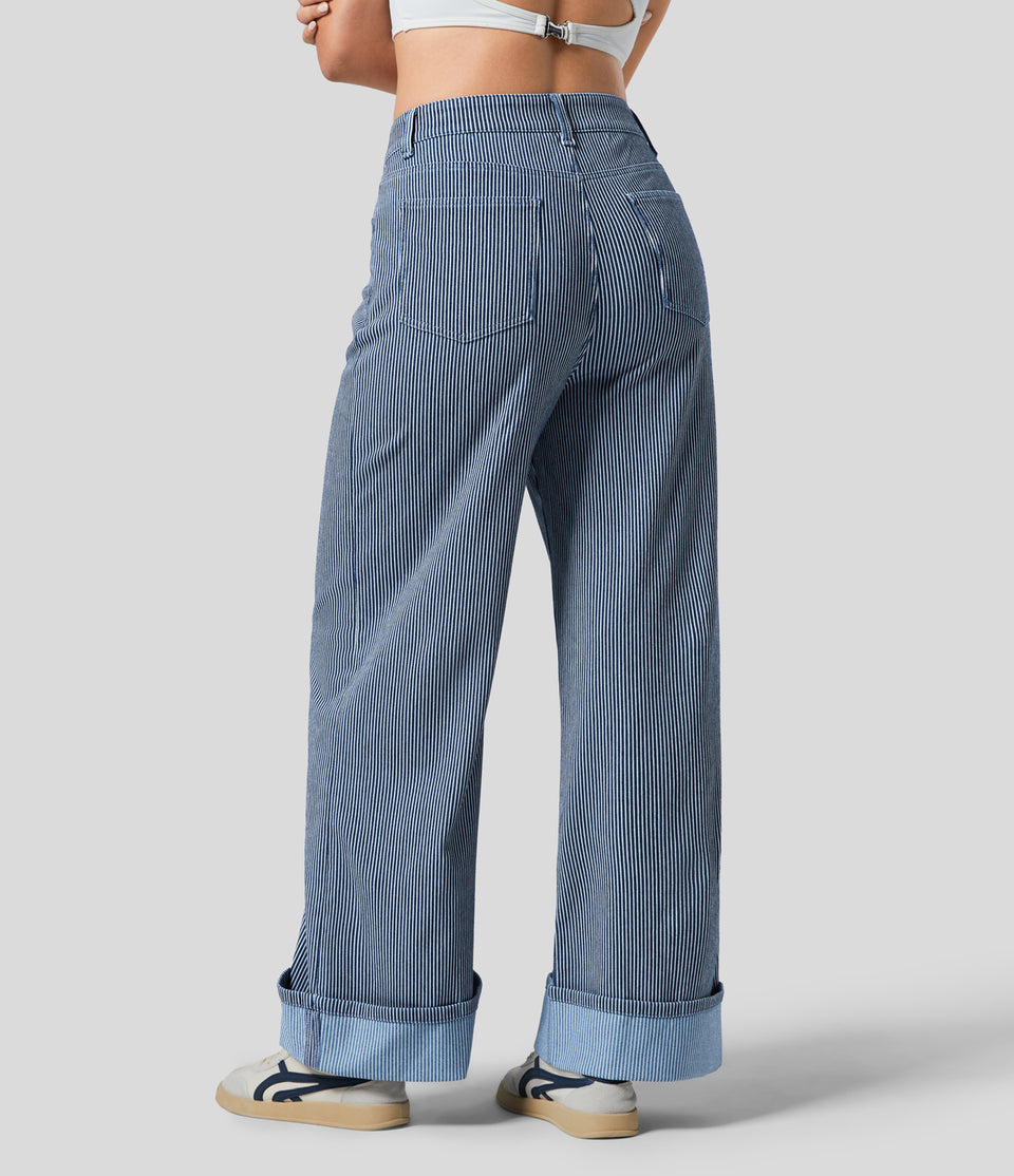 HalaraMagic™ Mid Rise Multiple Pockets Rolled Hem Striped Washed Stretchy Knit Casual Wide Leg Jeans