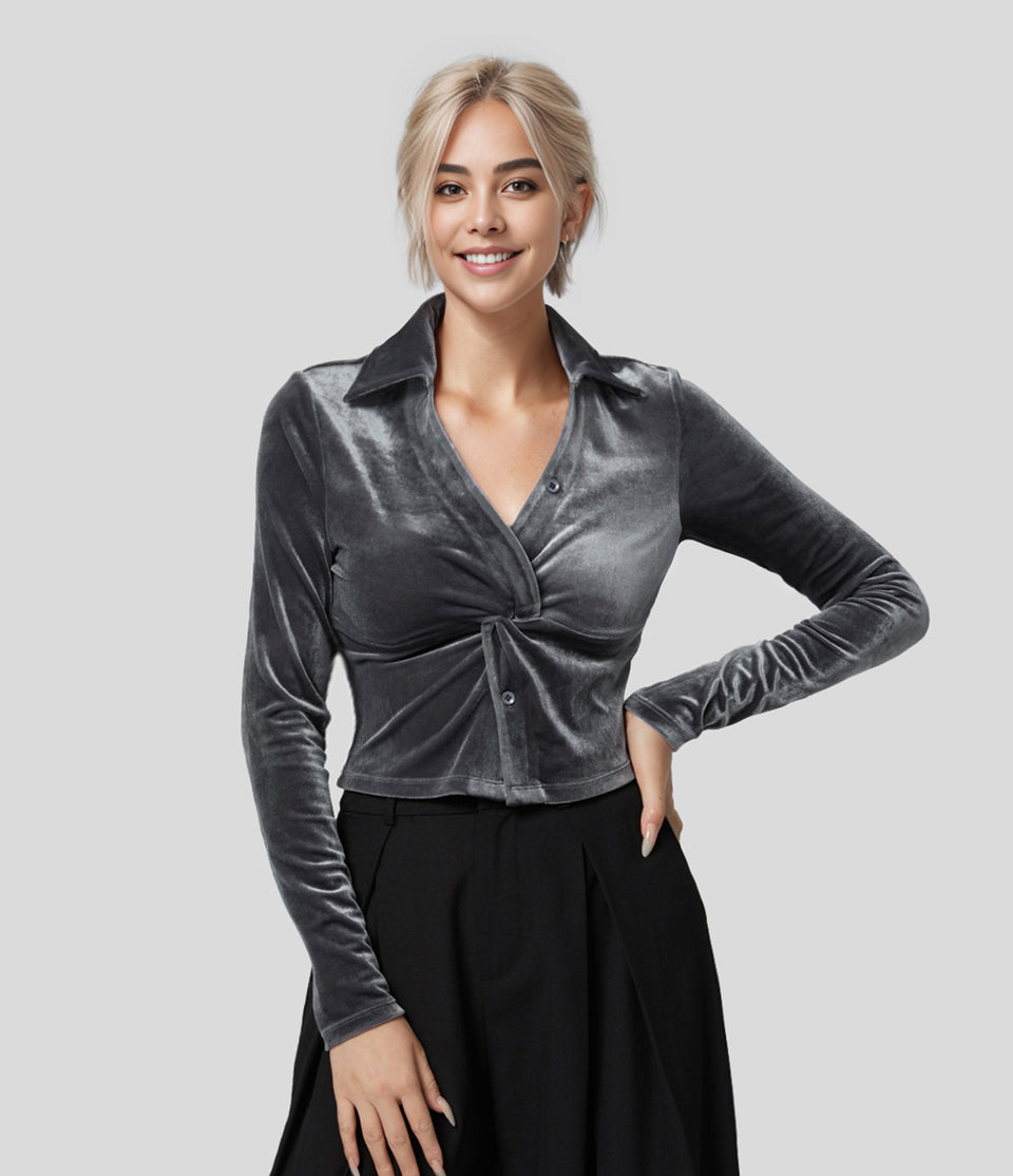 Collared V Neck Twisted Button Long Sleeve Velvet Cropped Casual Shirt