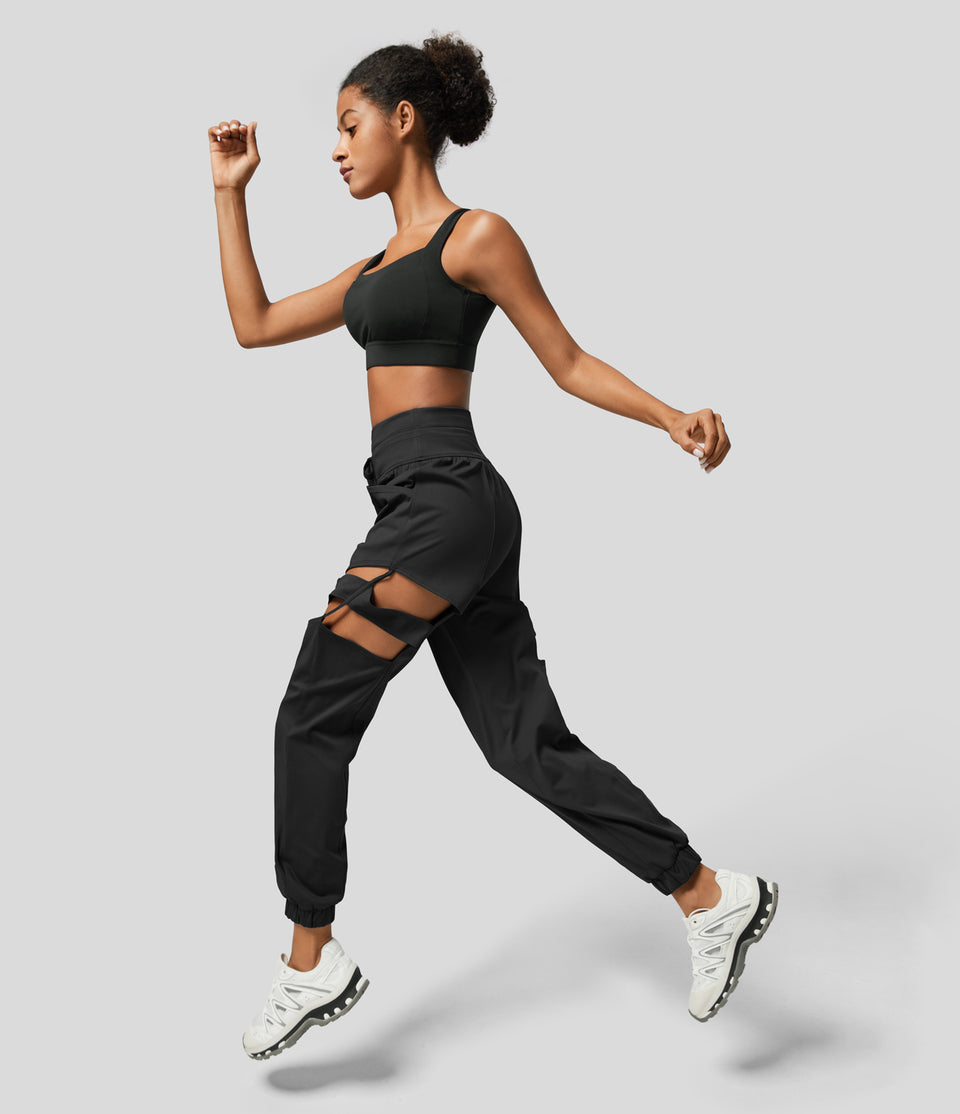 High Waisted Drawstring Side Pocket Cut Out Quick Dry Running Joggers