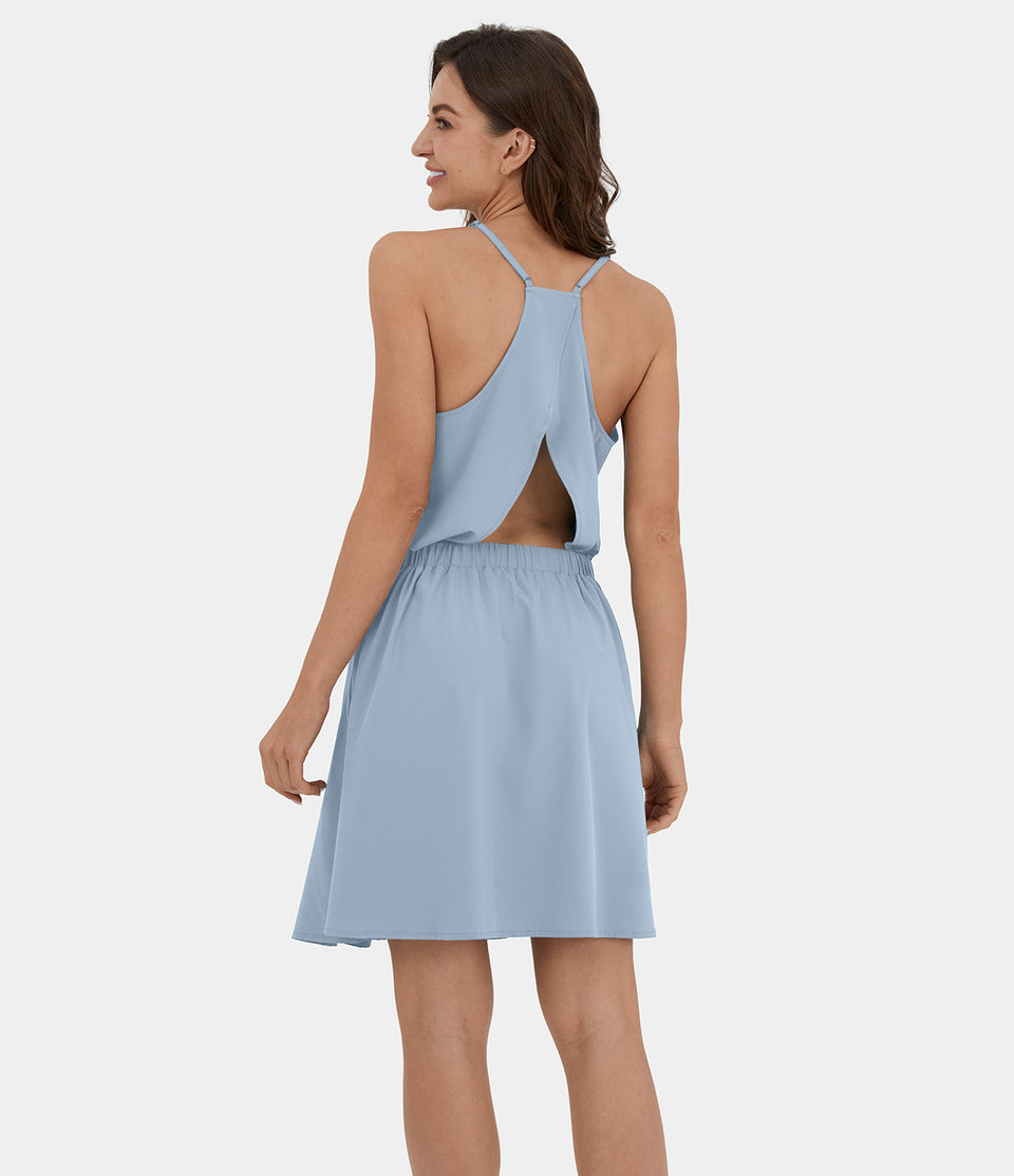 Breezeful™ Adjustable Strap Backless Cut Out Side Pocket Pleated Mini Quick Dry Casual Dress