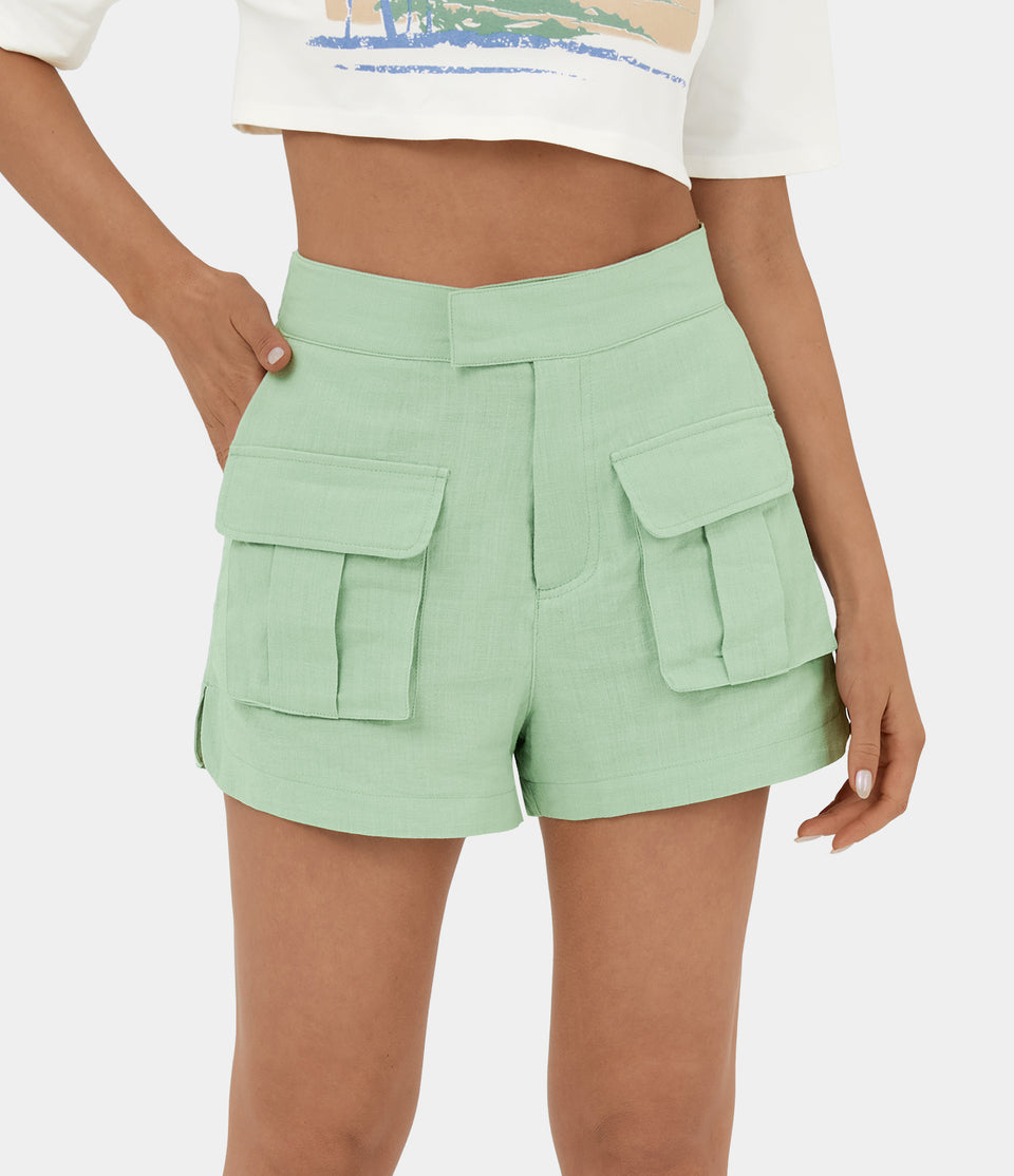 High Waisted Zipper Side Flap Pocket Curved Hem Casual Linen-Feel Cargo Shorts 2.5''