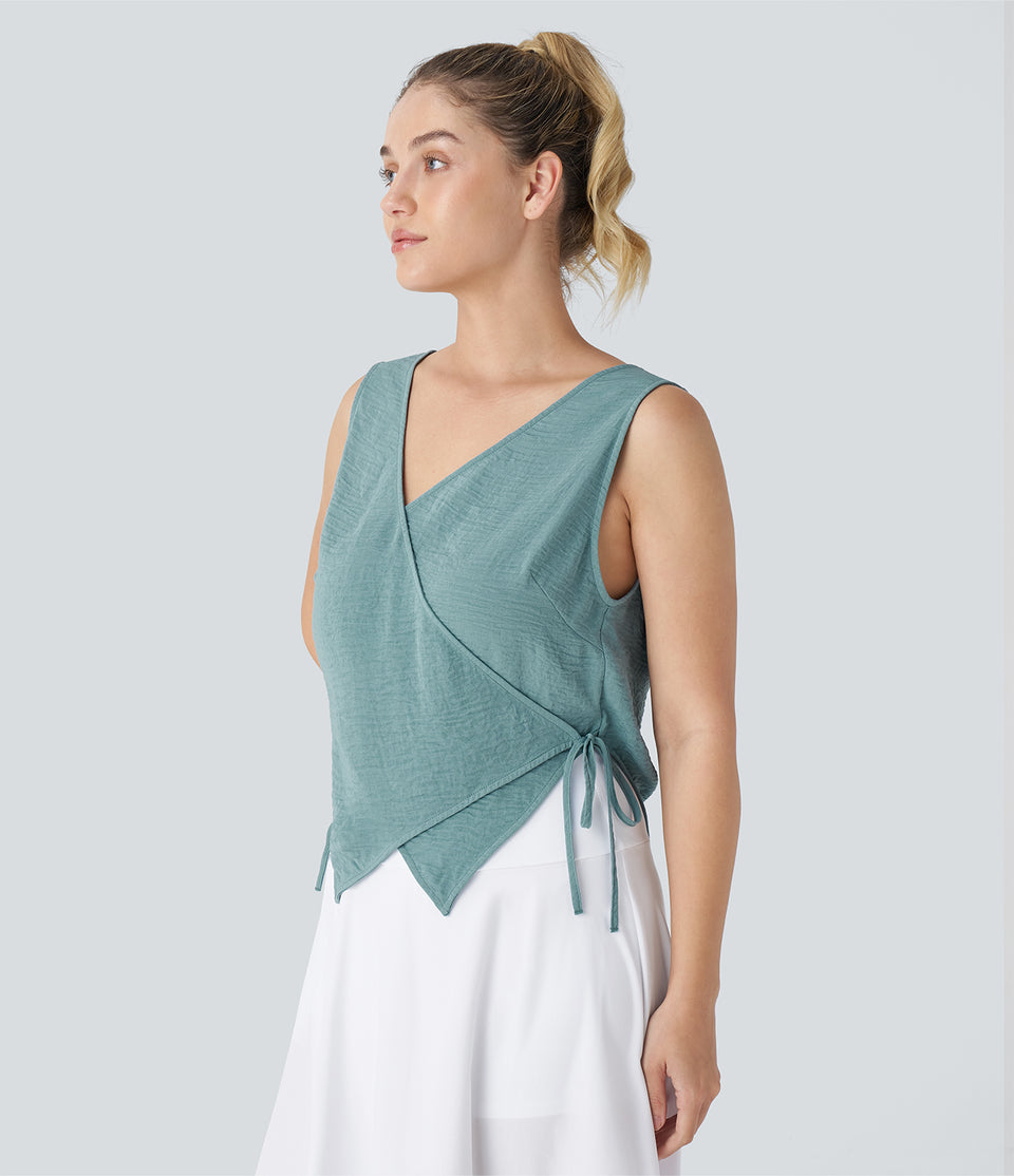 V Neck Sleeveless Backless Wrapped Tie Side Casual Linen-Feel Top