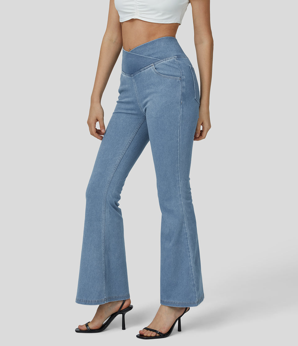 HalaraMagic™ High Waisted Crossover Pocket Washed Stretchy Knit Casual Super Flare Jeans