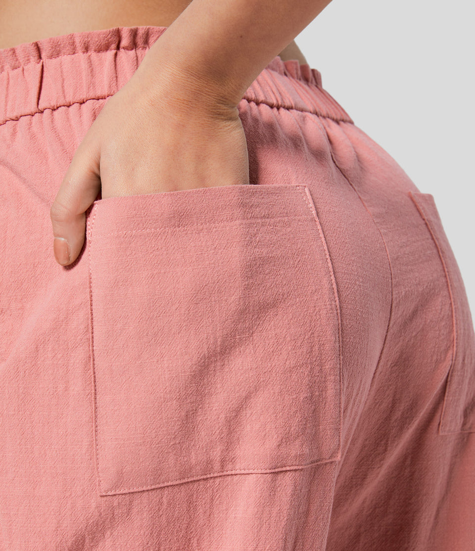 Low Rise Frill Multiple Pockets Resort Linen-Feel Harem Pants