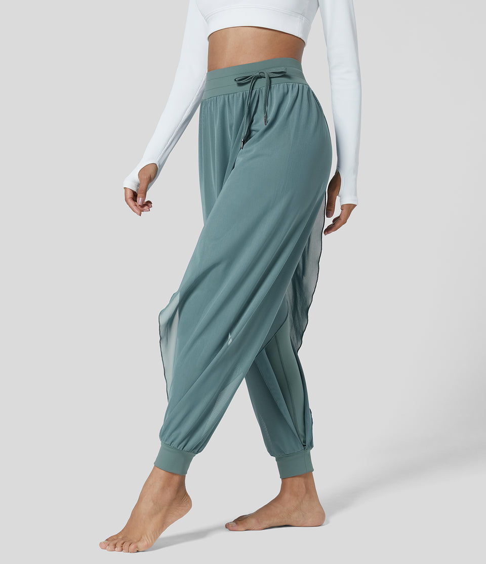 High Waisted Side Drawstring Contrast Mesh Flowy Solid Yoga Joggers