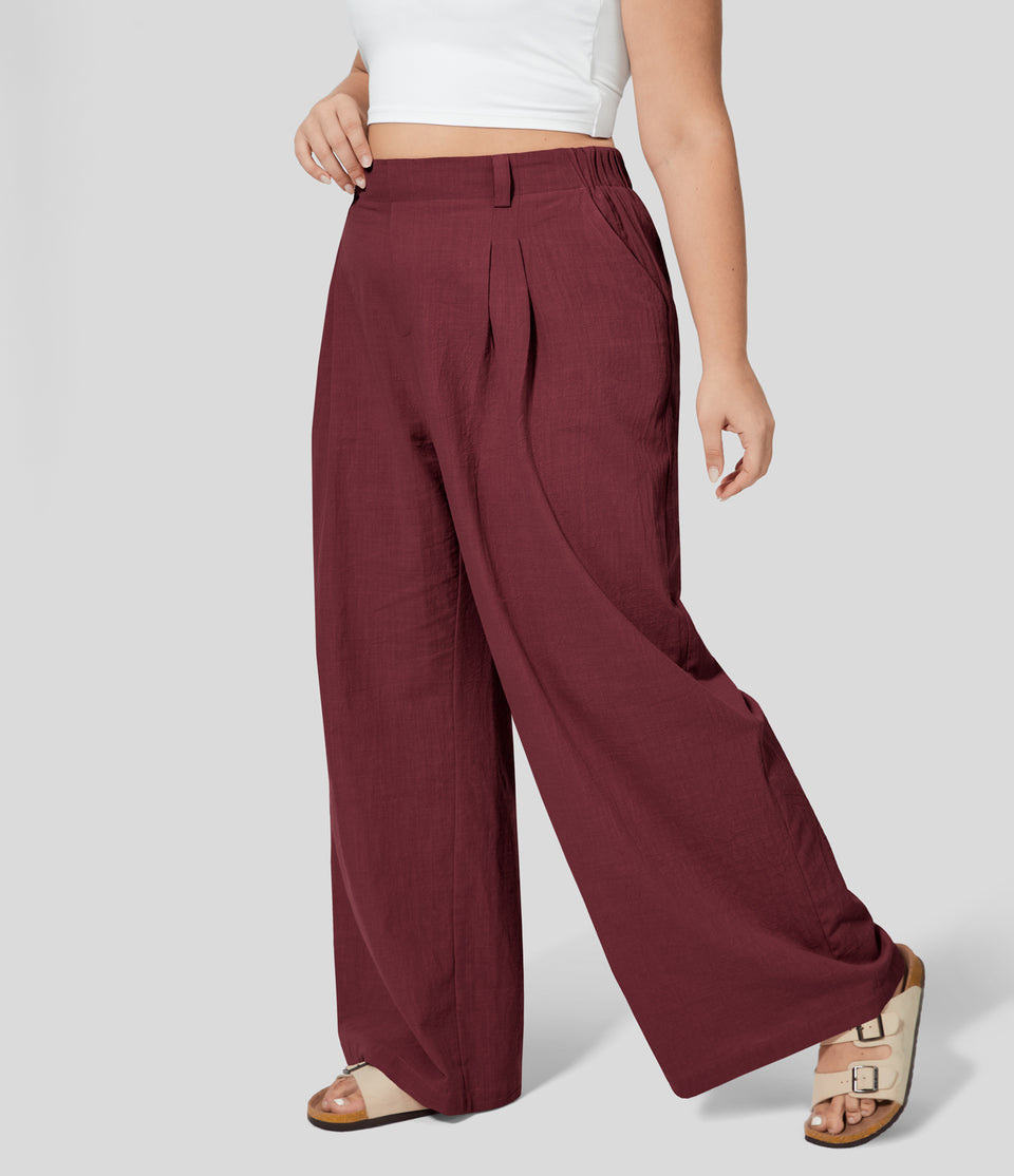 High Waisted Plicated Side Pocket Wide Leg Flowy Casual Plus Size Pants
