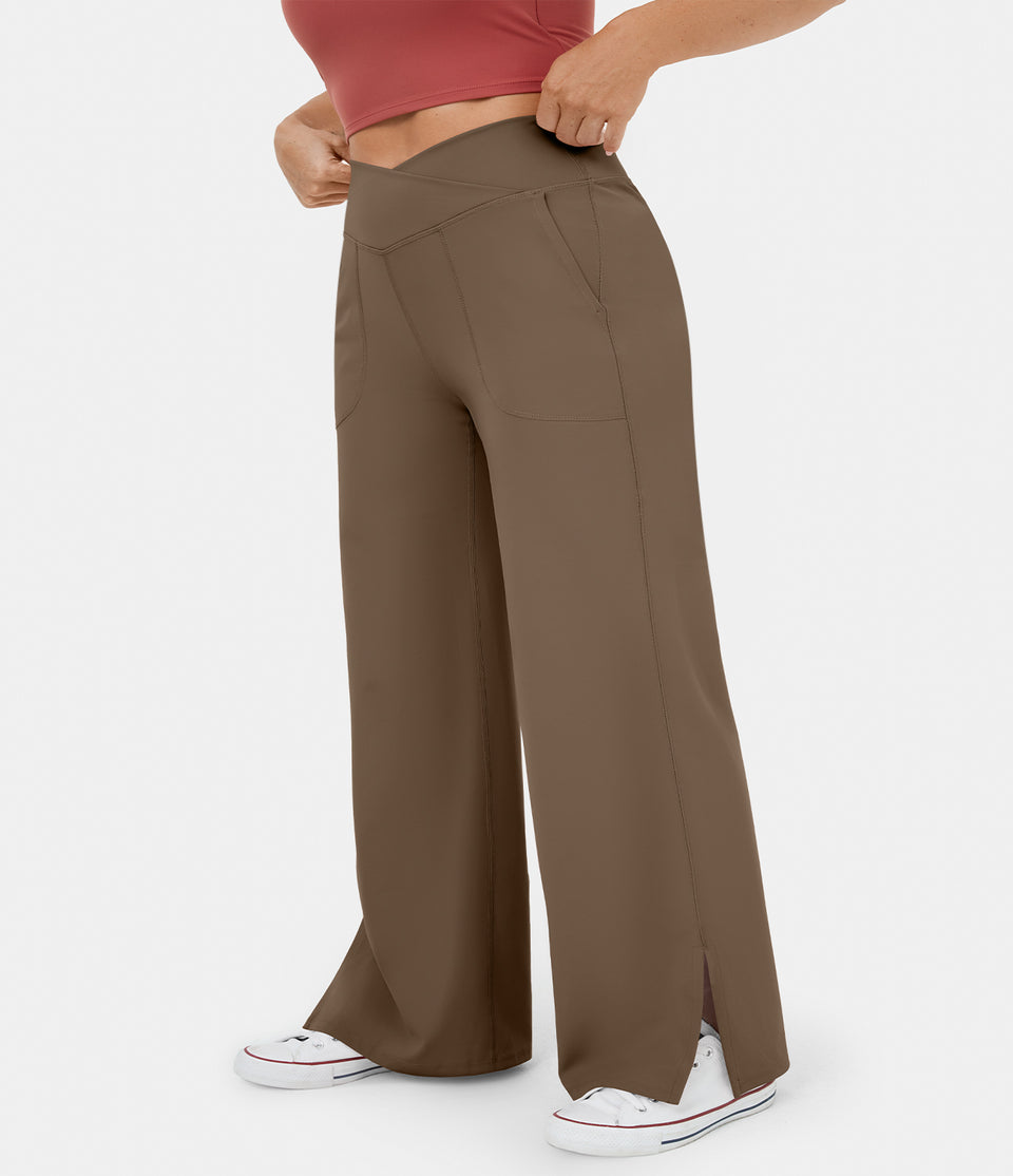 Crossover Pocket Split Hem Plus Size Wide Leg Yoga Pants-Smile