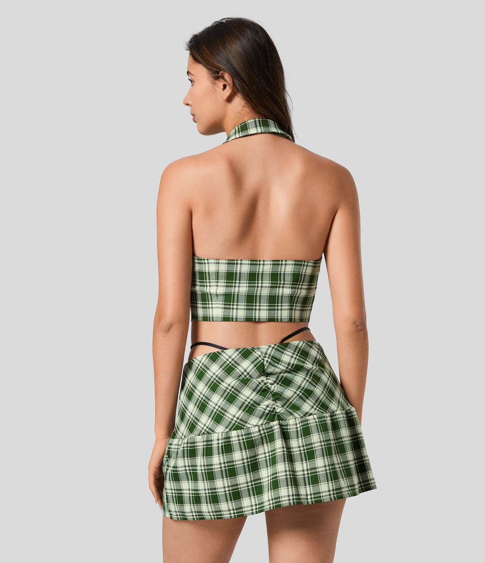 Halter Neck Notched Button Backless Plaid Cropped Casual Tank Top