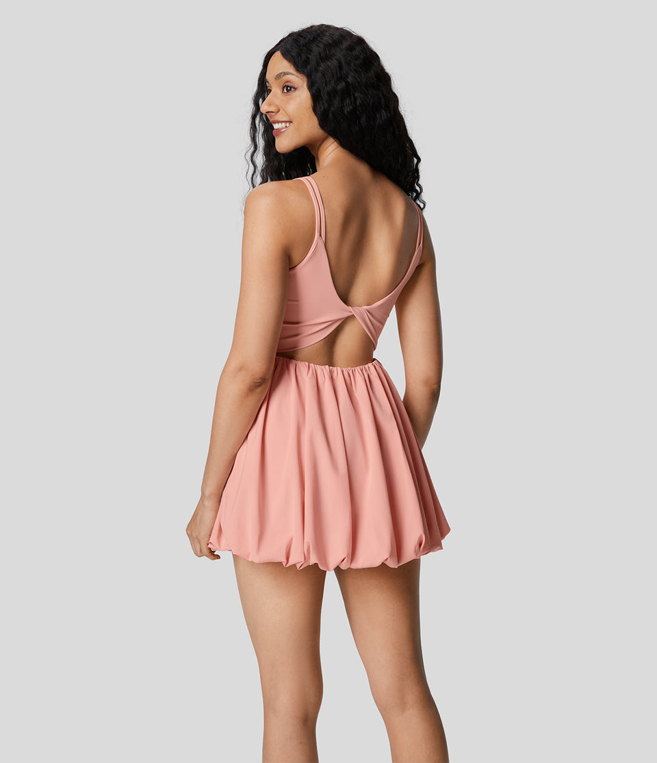 Breezeful™ U Neck Double Straps Backless Twisted Cut Out Side Pocket Quick Dry Micro Mini Casual Bubble Dress