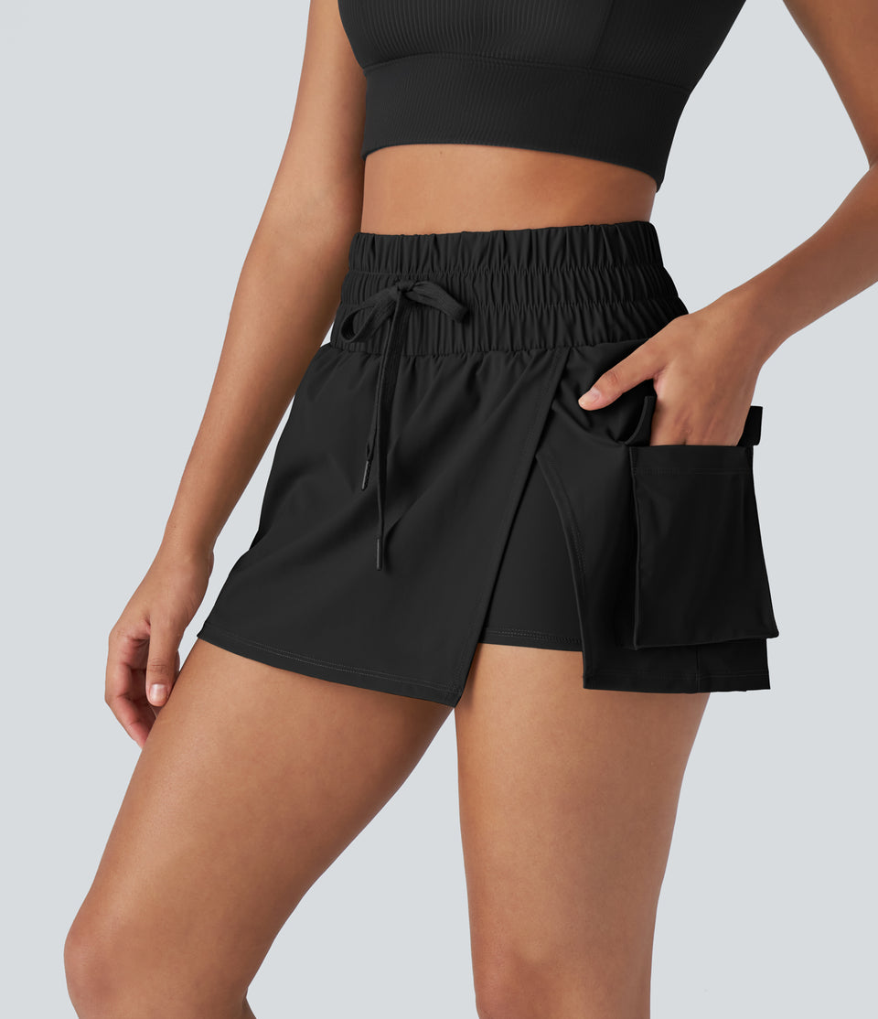 High Waisted Drawstring Flap Pocket Split 2-in-1 Mini Hiking Cargo Skirt