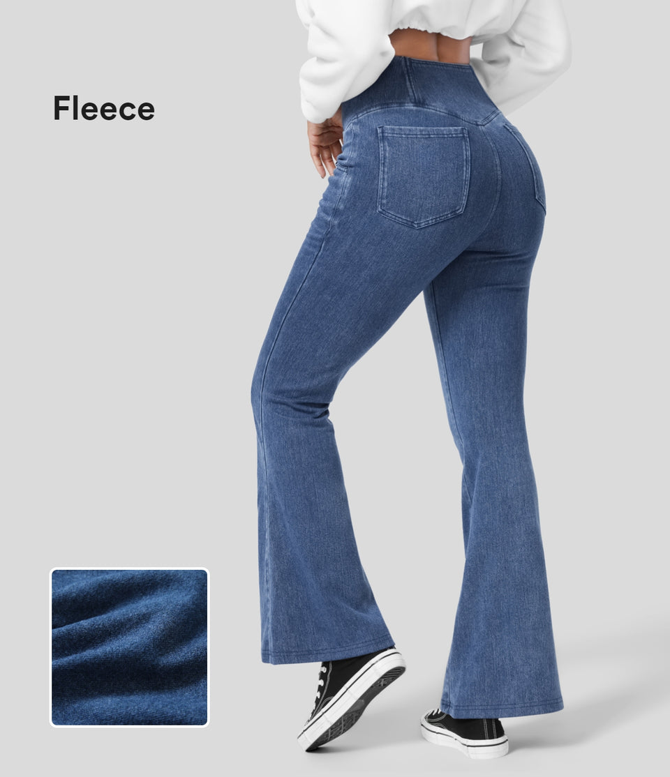HalaraMagic™ High Waisted Crossover Pocket Washed Stretchy Knit Casual Super Flare Fleece Jeans