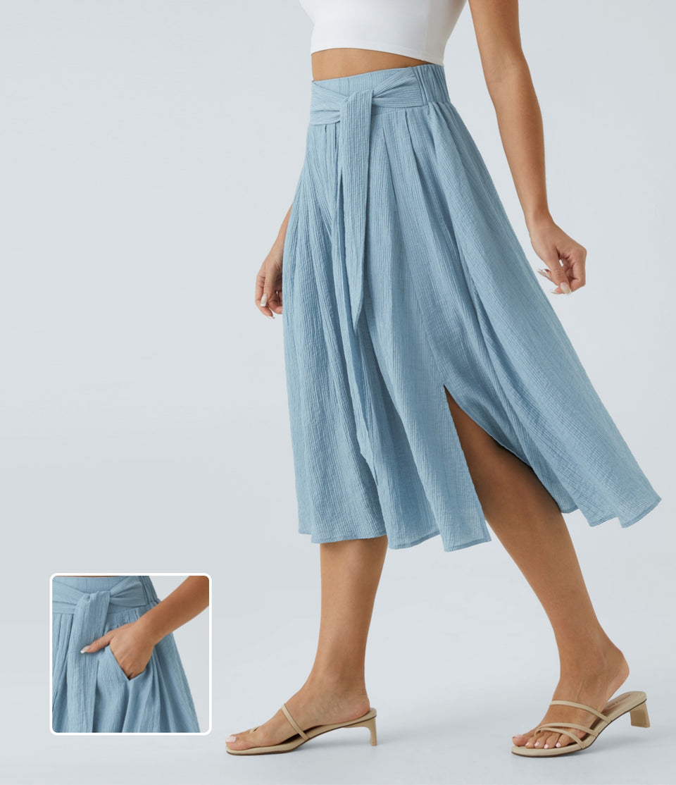 High Waisted Tie Front Side Pocket Split Flare Flowy Casual Midi Skirt