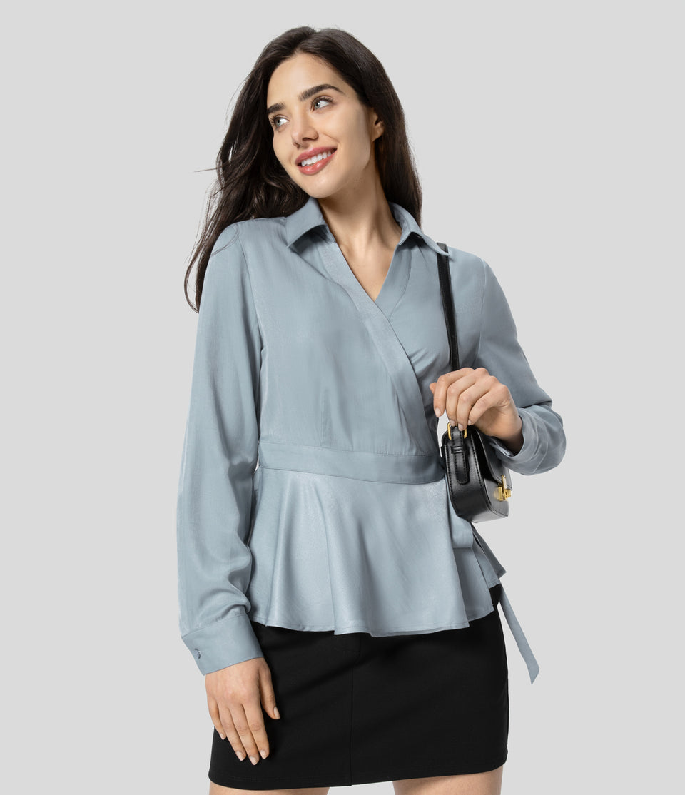 Collared Wrapped Tie Side Long Sleeve Ruffle Hem Casual Shirt