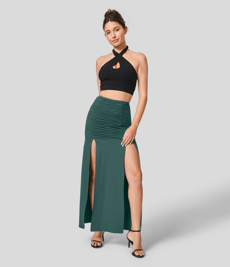 High Waisted Ruched Split Maxi Casual Skirt