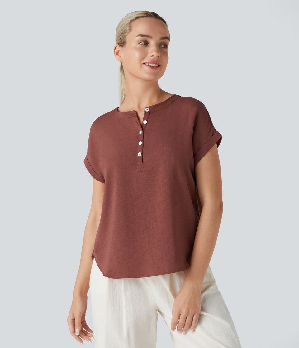 Henley Neck High Low Curved Hem Casual Linen-Feel Blouse