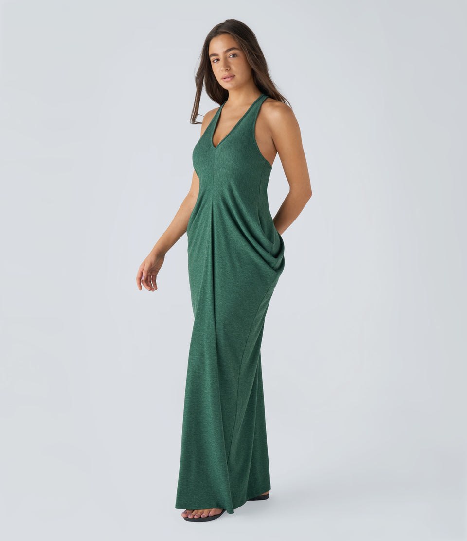 Deep V Neck Backless Racerback Stacked Ruched Maxi Casual Dress