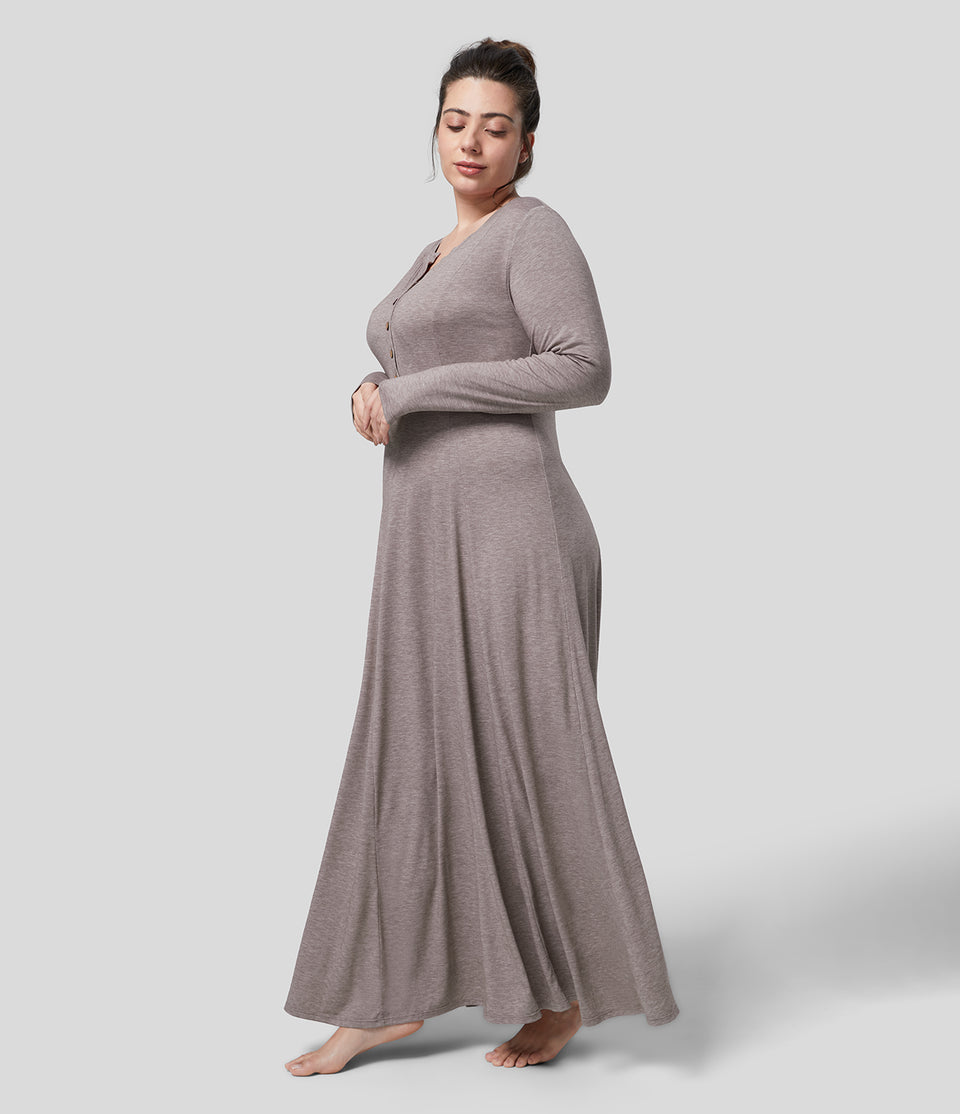 Round Neck Button Long Sleeve Flare Maxi Casual Plus Size Dress
