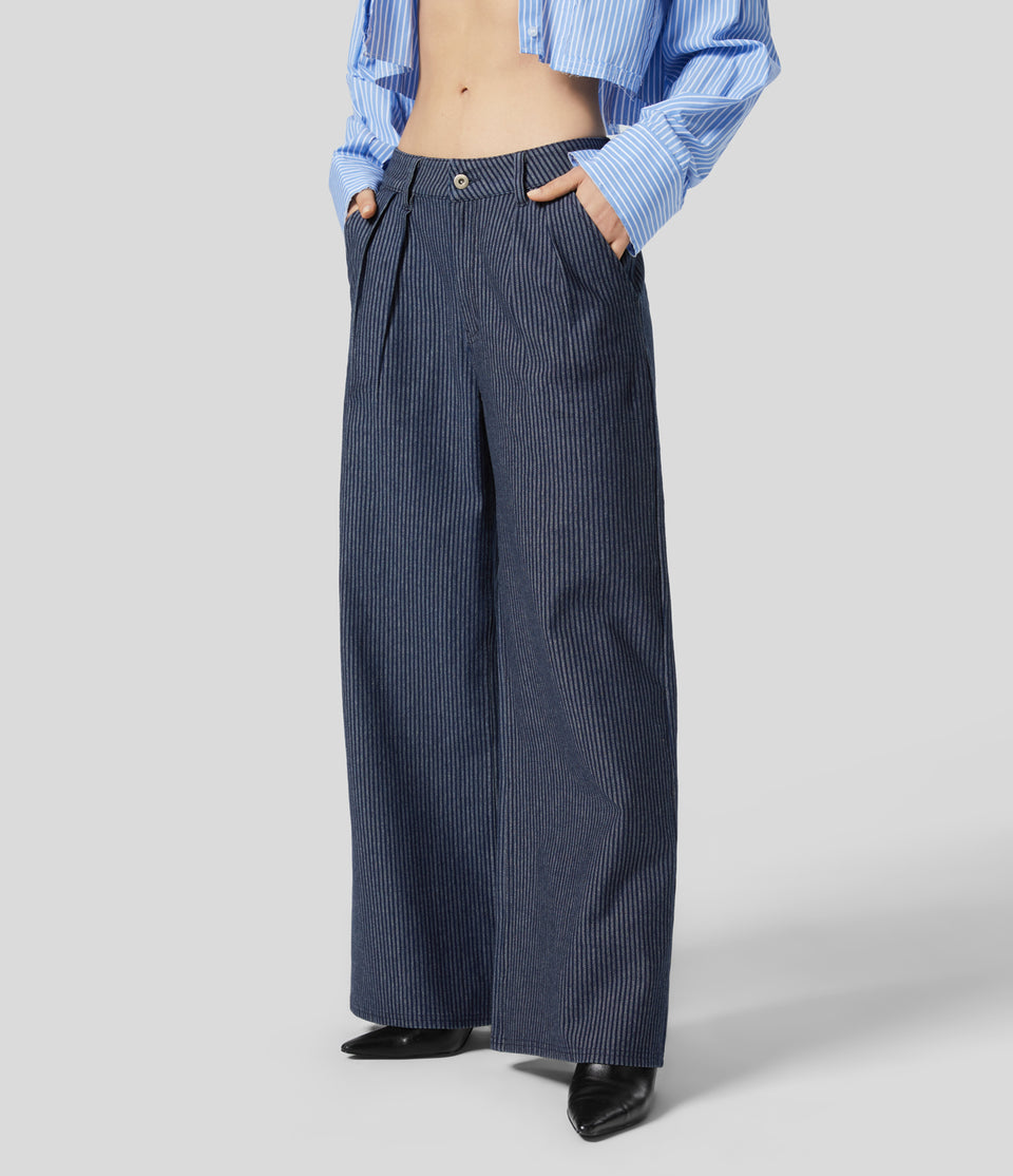 HalaraMagic™ High Waisted Multiple Pockets Striped Washed Stretchy Knit Casual Wide Leg Jeans