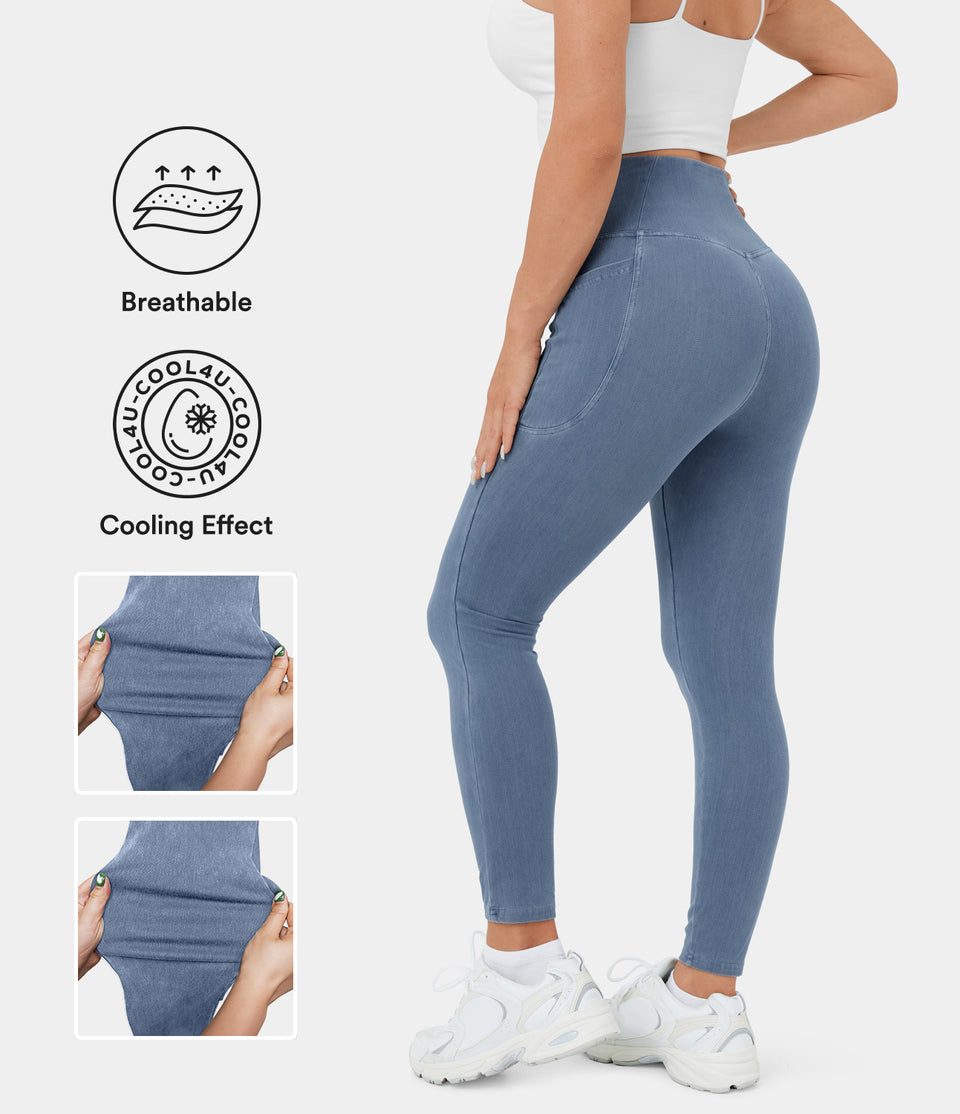 HalaraMagic™ Crossover Pocket Cool Touch Breathable Washed Stretchy Knit Denim Casual Leggings