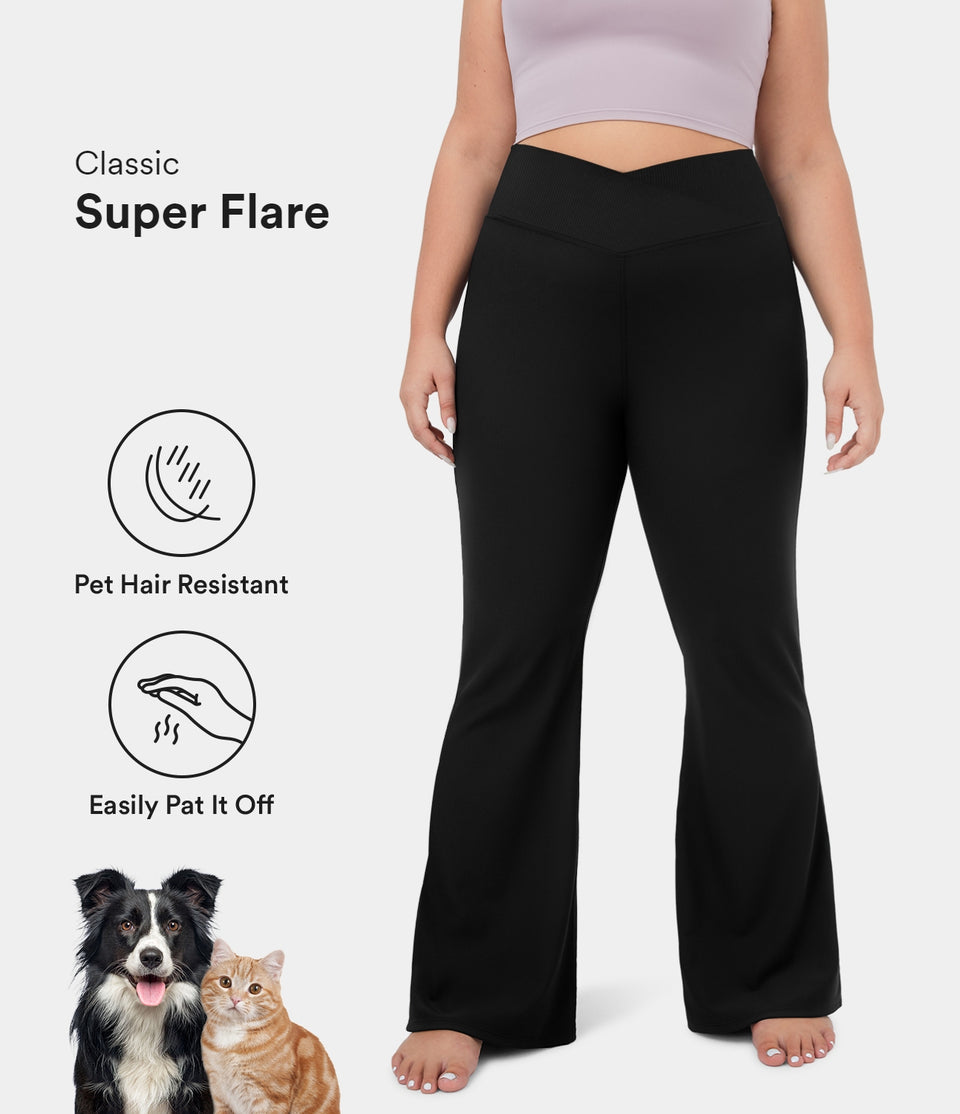 Patitoff® Flow Pet Hair Resistant Crossover High Waisted Back Pocket Plus Size Super Flare Leggings