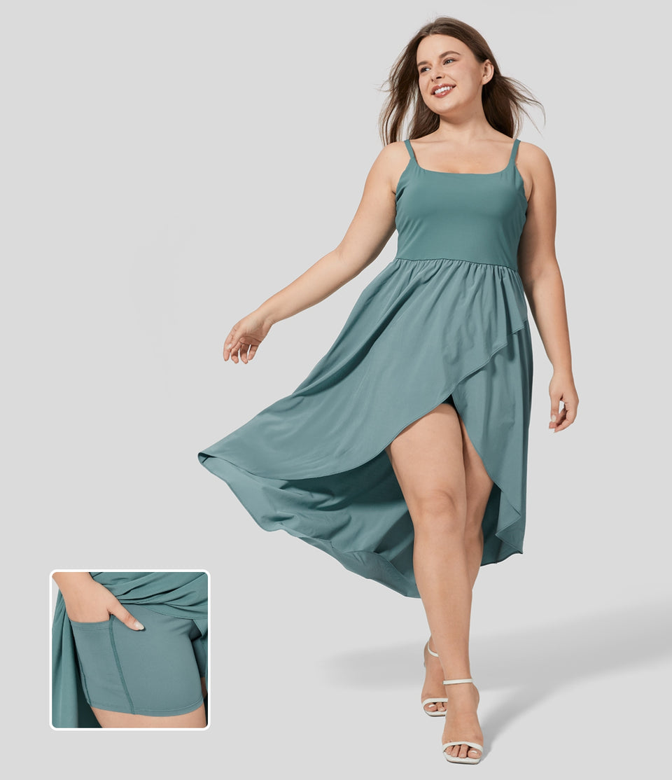 Breezeful™ Backless Asymmetric Crossover Hem 2-Piece Side Pocket Flowy Midi Quick Dry Casual Plus Size Dress
