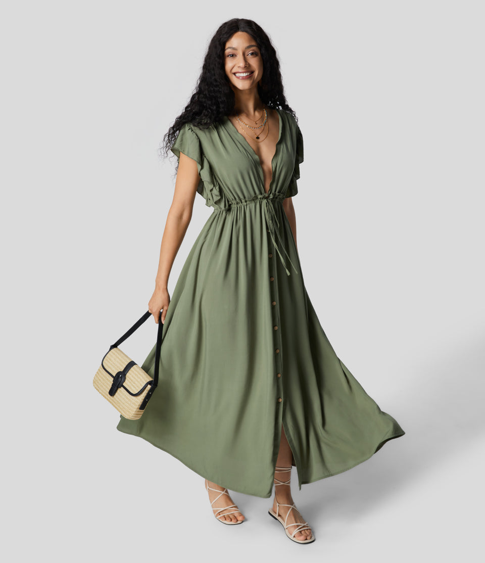 Deep V Neck Butterfly Sleeve Backless Drawstring Button Side Pocket Flowy Maxi Casual Dress