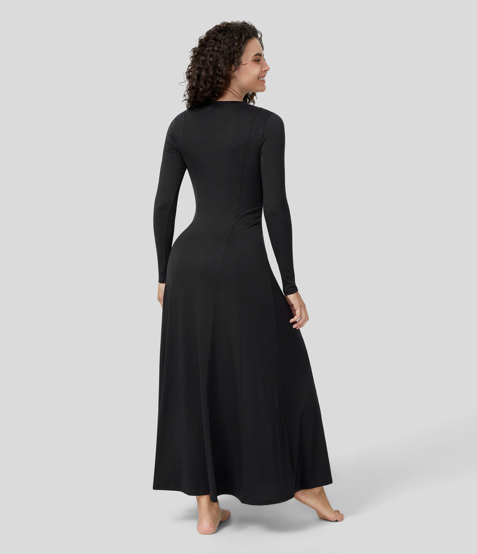 Round Neck Button Long Sleeve Flare Maxi Casual Dress