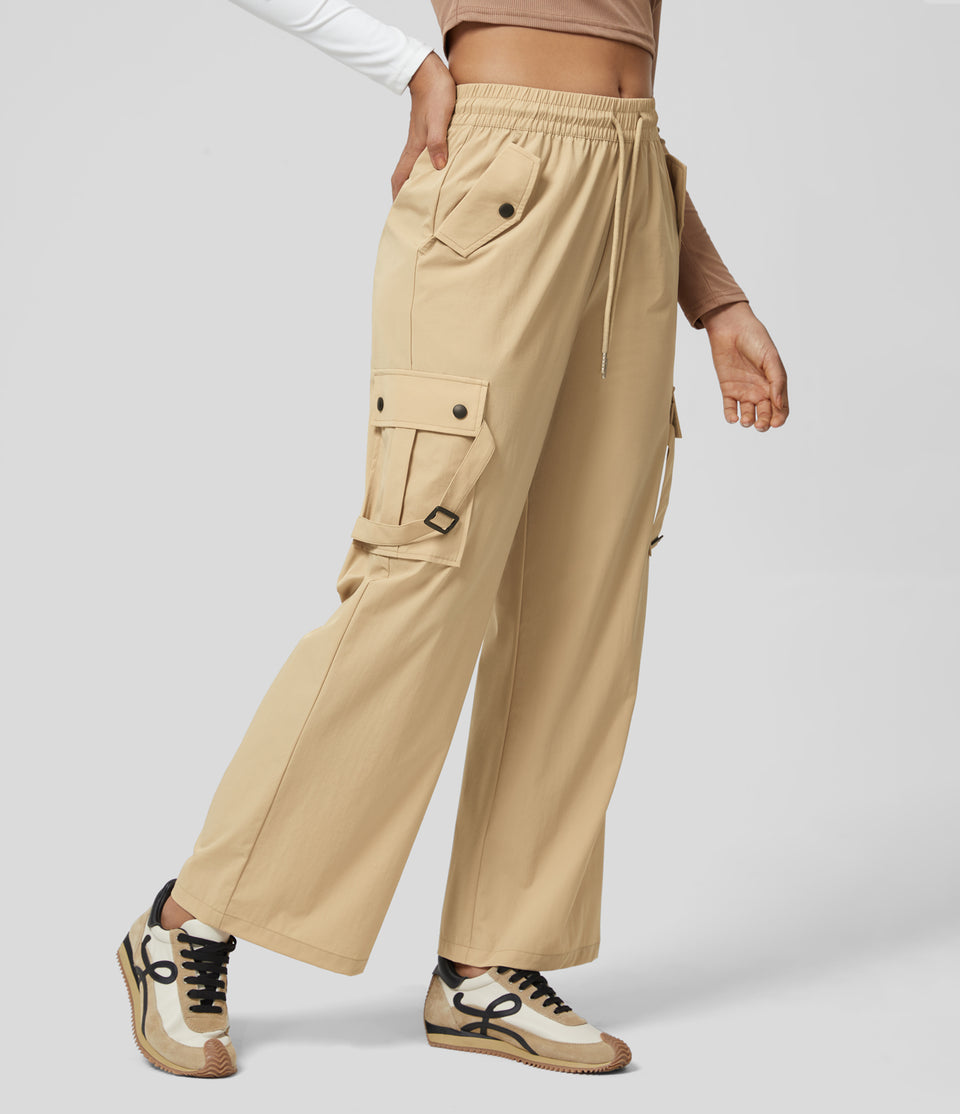 Mid Rise Drawstring Multiple Pockets Casual Cargo Pants