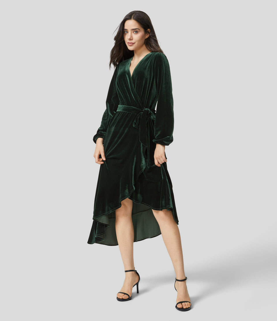 V Neck Wrapped Tie Front Long Sleeve High Low Velvet Midi Casual Dress