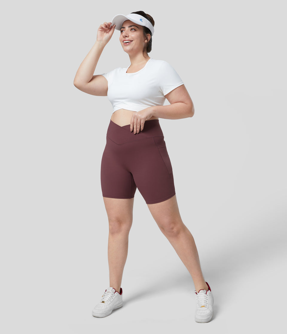 Softlyzero™ High Waisted Crossover Side Pocket Yoga Plus Size Biker Shorts 7"-UPF50+