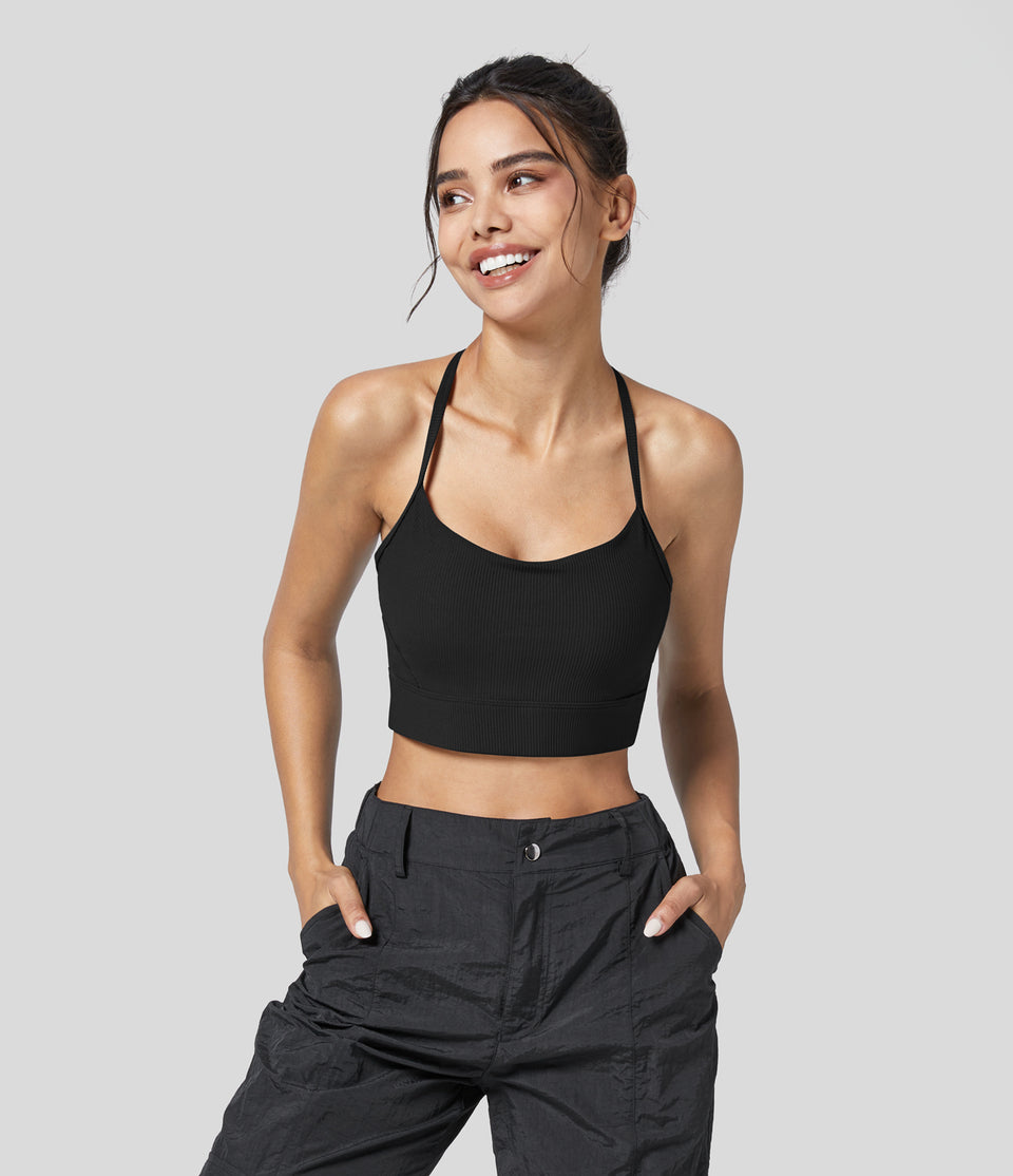 Ribbed Low Support Halter Backless Solid Cropped Yoga Sports Bra