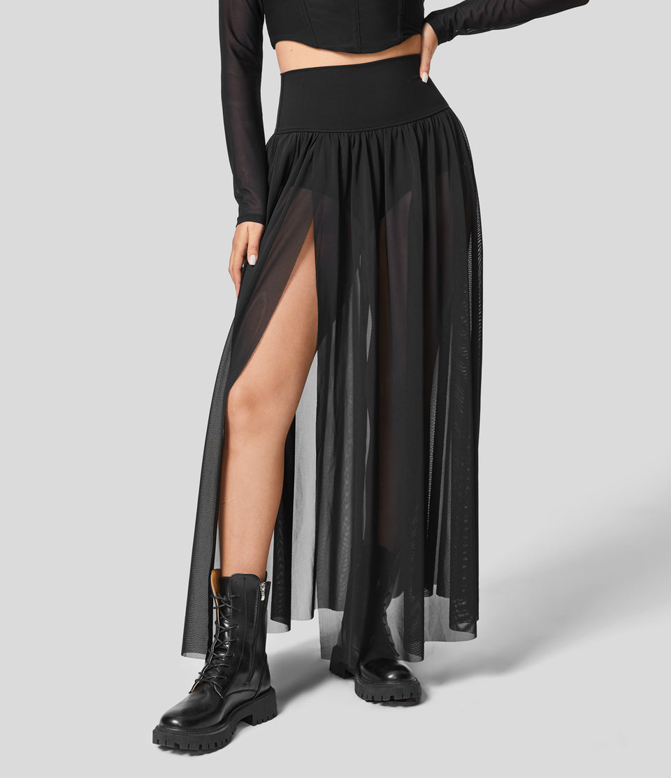 High Waisted Plicated Split 2-in-1 Mesh Flowy Maxi Casual Skirt