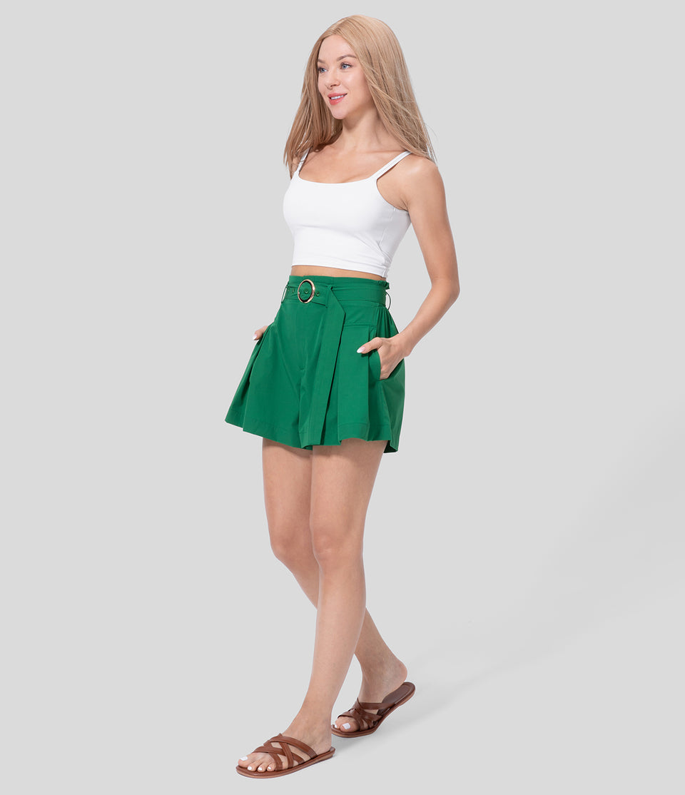 High Waisted Belted Zipper Side Pocket Pleated A Line Wide Leg Casual Shorts