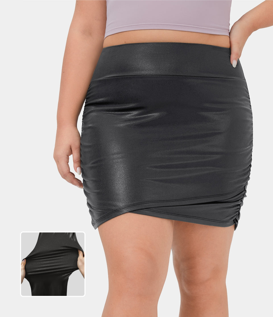 Softlyzero™ Faux Leather High Waisted Bodycon Foil Print Stretchy Plus Size 2-in-1 Ruched Casual Skirt