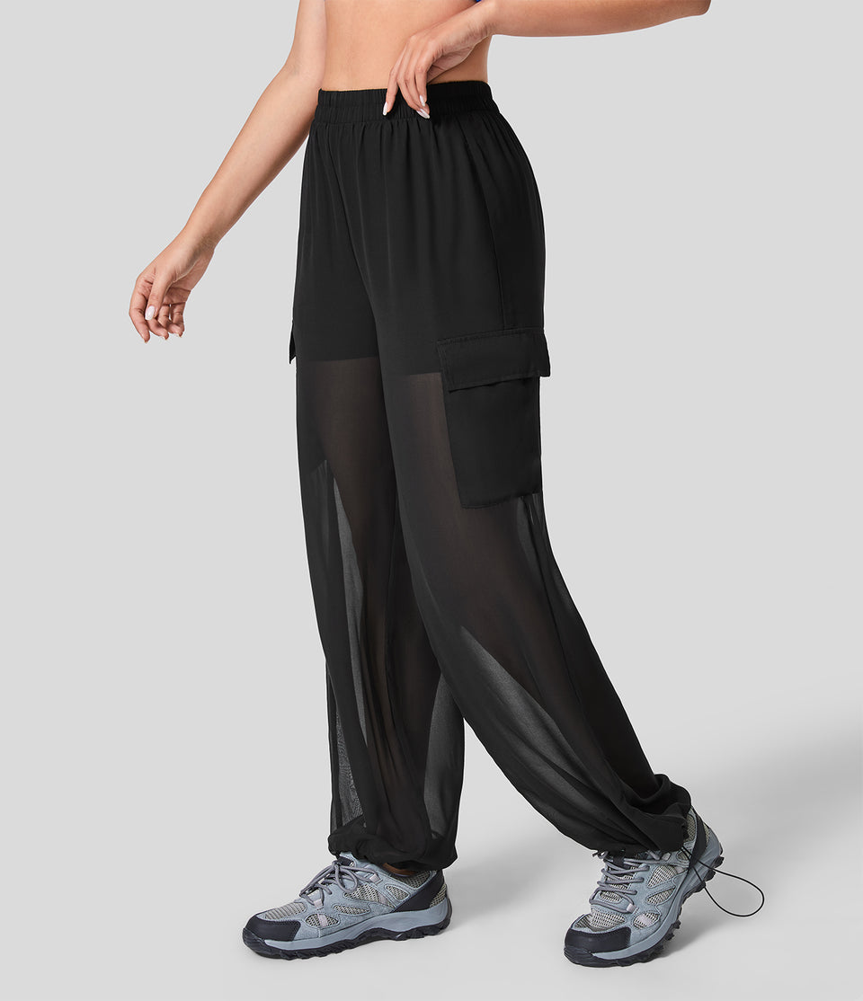 High Waisted Cargo Pocket Contrast Mesh 2-in-1 Adjustable Drawcord Sheer Hiking Joggers