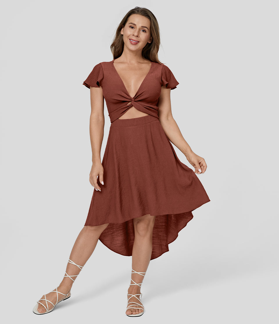 V Neck Short Sleeve Tie Front & Back Cut Out High Low Flowy Midi Casual Dress