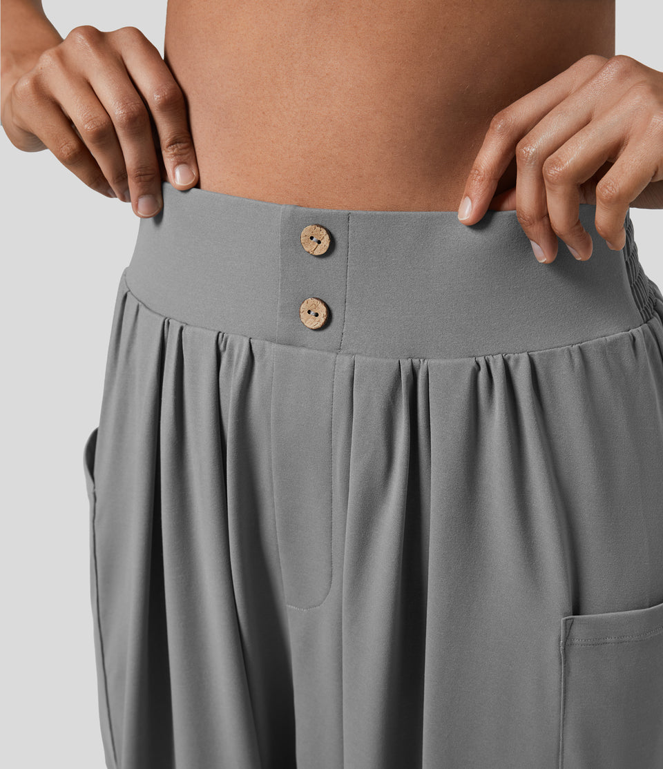 High Waisted Decorative Button Plicated Side Pocket Harem Resort Pants