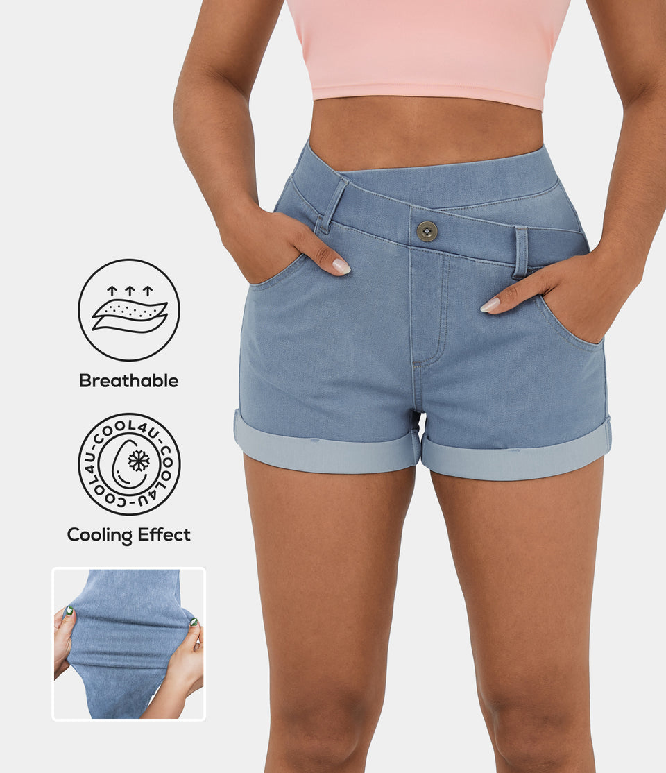 HalaraMagic™ High Waisted Crossover Button Multiple Pockets Rolled Hem Cool Touch Breathable Washed Stretchy Knit Denim Casual Shorts