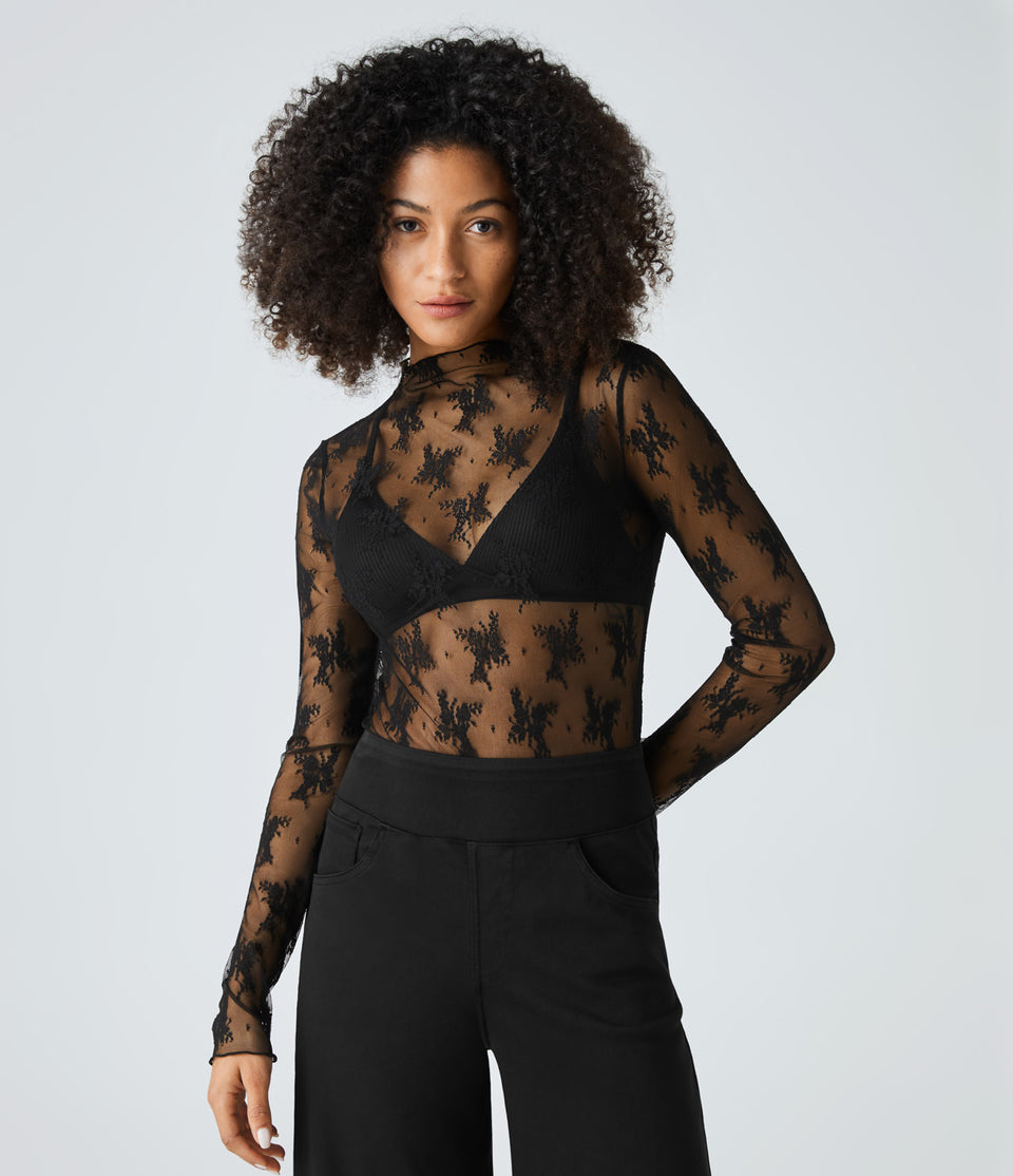 Sheer Long Sleeve Lace Casual Top