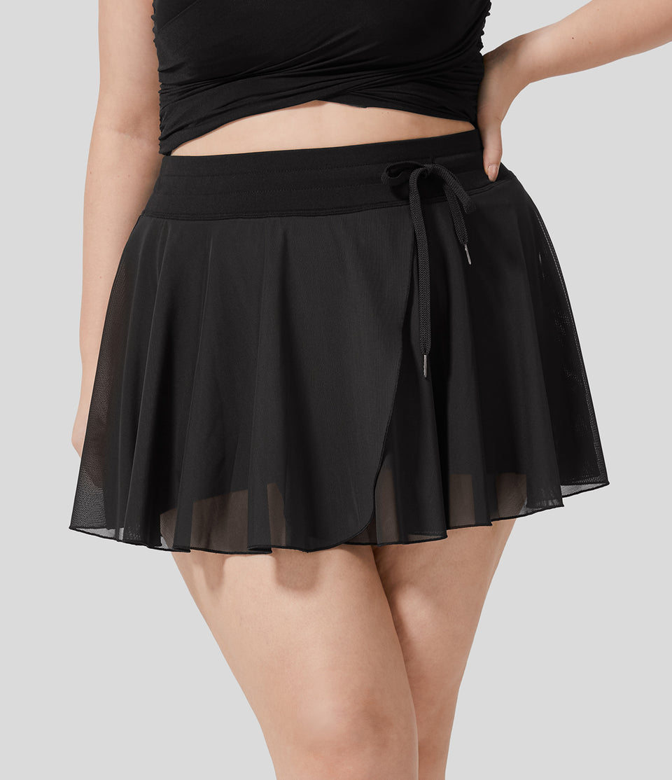 High Waisted Drawstring Contrast Mesh 2-in-1 Side Pocket Flowy Mini Flare Casual Plus Size Skirt