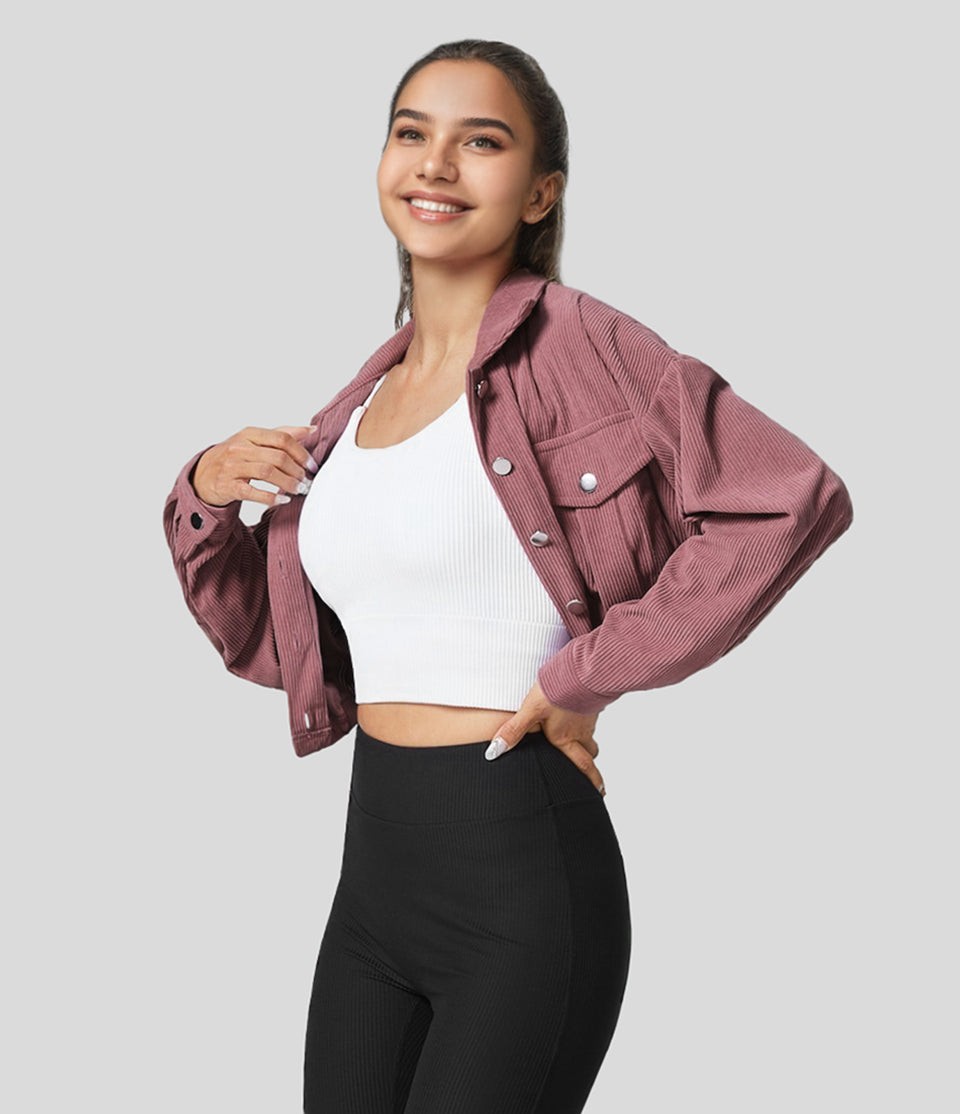 Collared Button Pocket Cropped Corduroy Casual Jacket