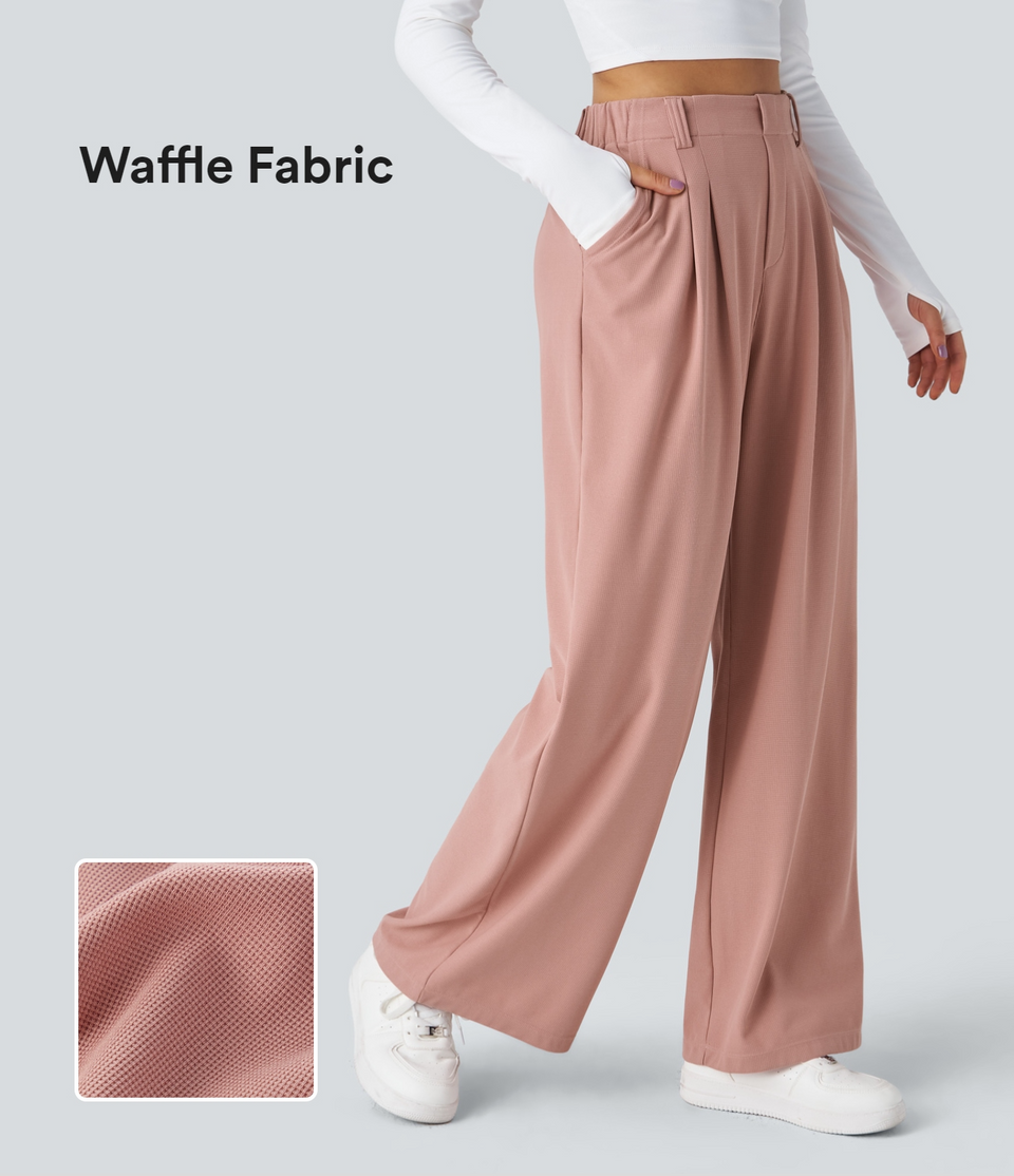 High Waisted Plicated Side Pocket Wide Leg Waffle Work Pants