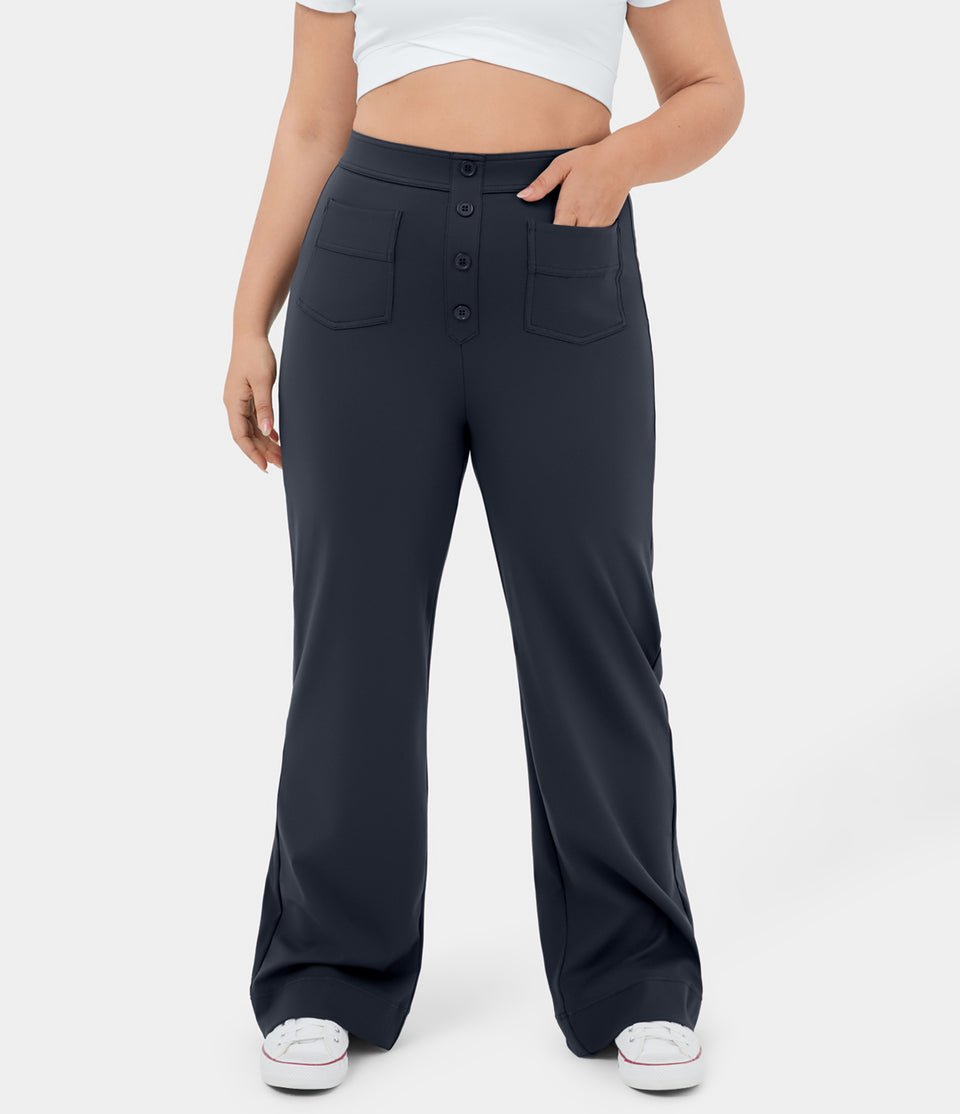 High Waisted Button Multiple Pockets Straight Leg Casual Plus Size Pants