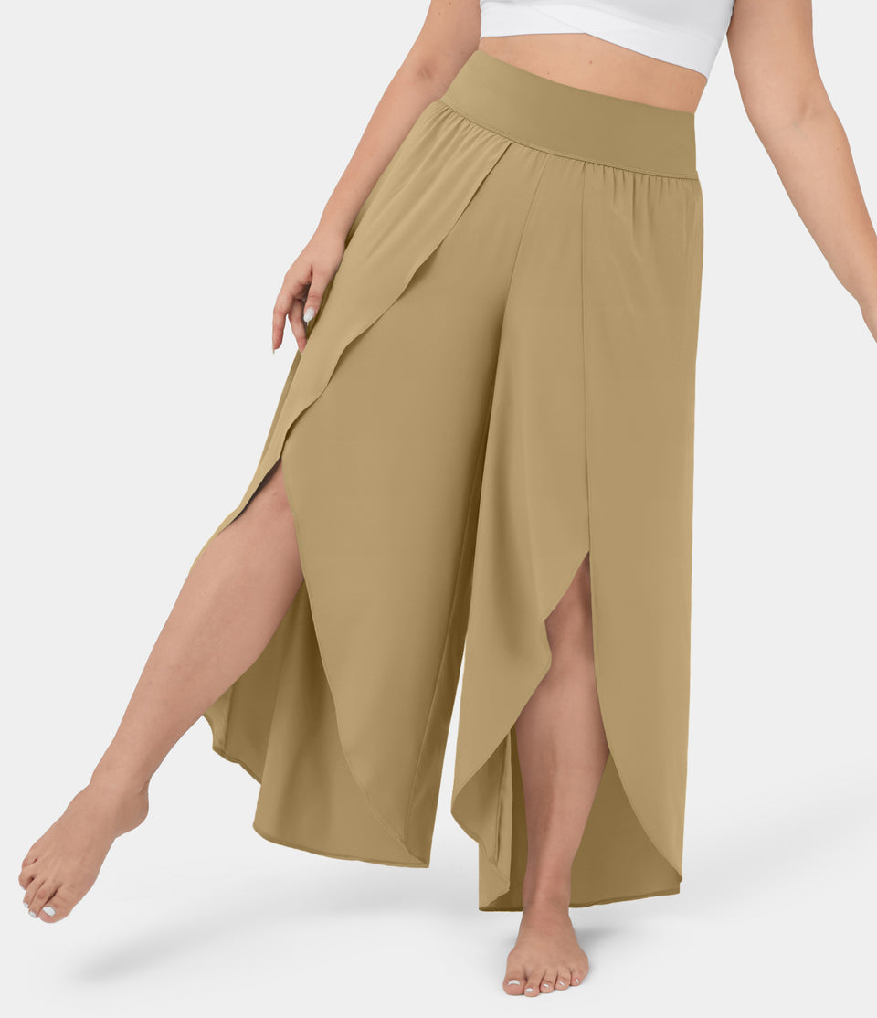 Breezeful™ High Waisted Back Waistband Pocket Palazzo Flowy Split Wide Leg Quick Dry Casual Plus Size Pants
