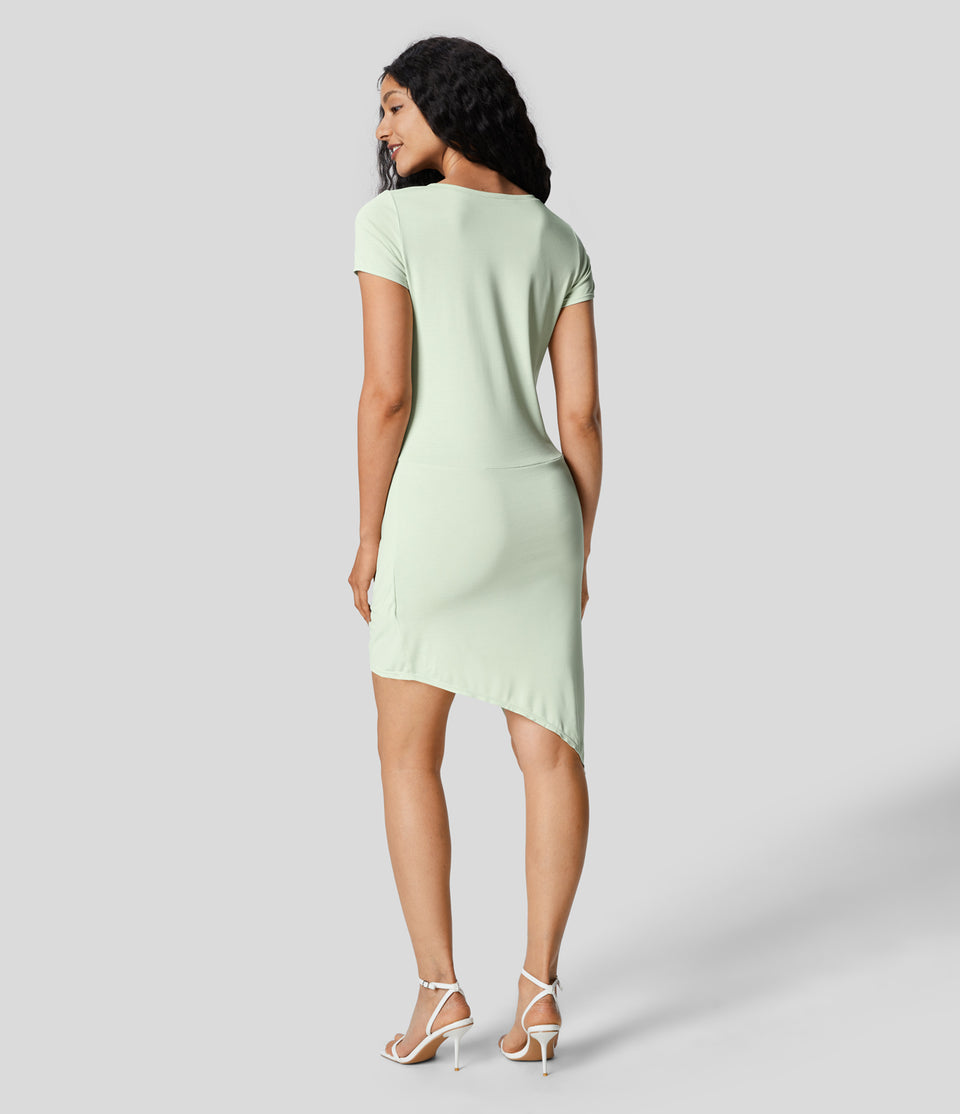 Round Neck Short Sleeve Twisted Asymmetric Hem Midi Casual Dress